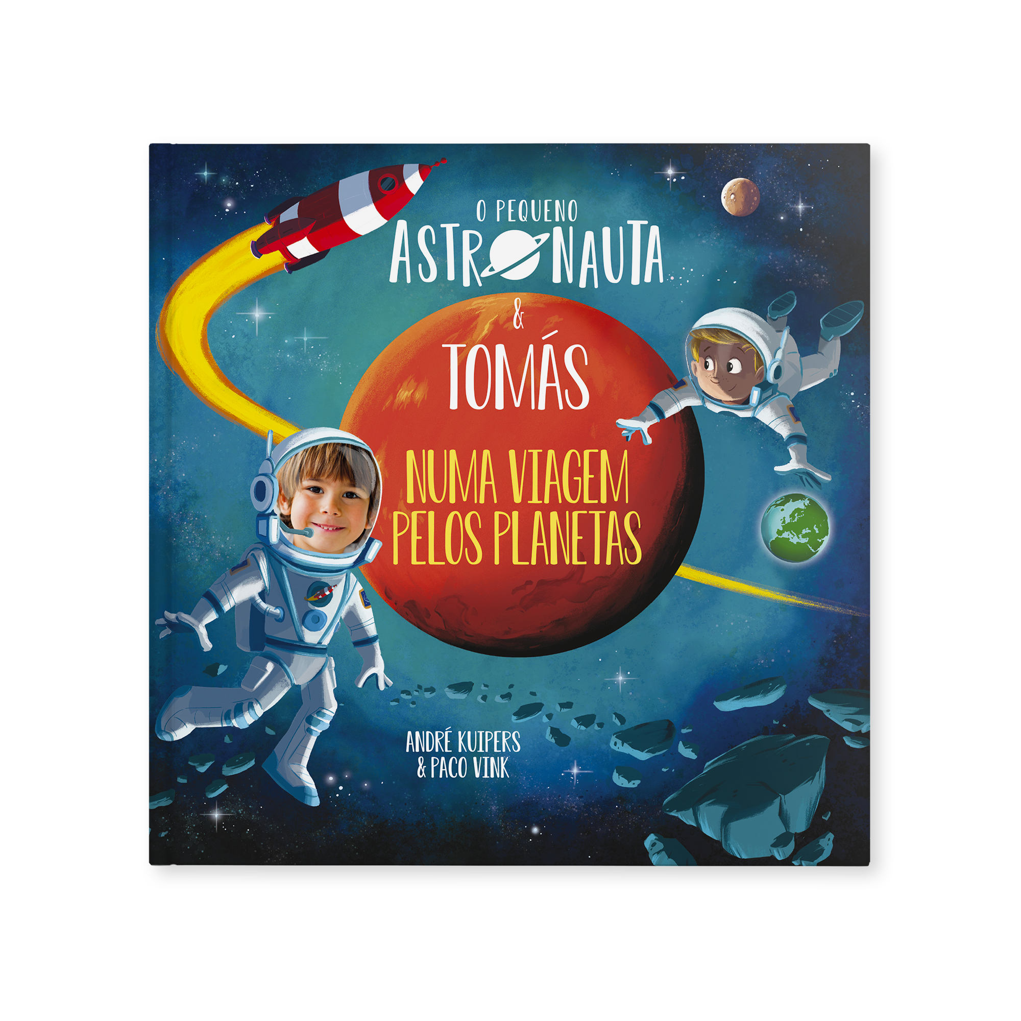 Livro O pequeno astronauta e "Nome" viajam pelo universo - capa dura, capa impressa com foto da criança no capacete de astronauta.