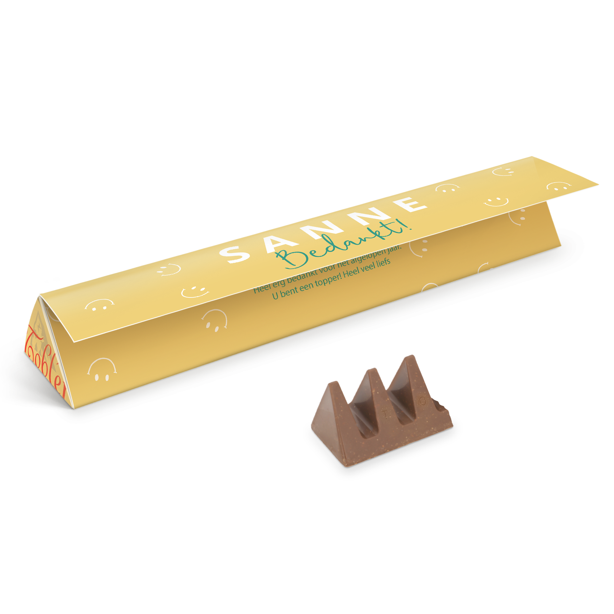 Gepersonaliseerde Toblerone chocoladereep met de naam Sanne en tekst Bedankt! geprint op de wikkel