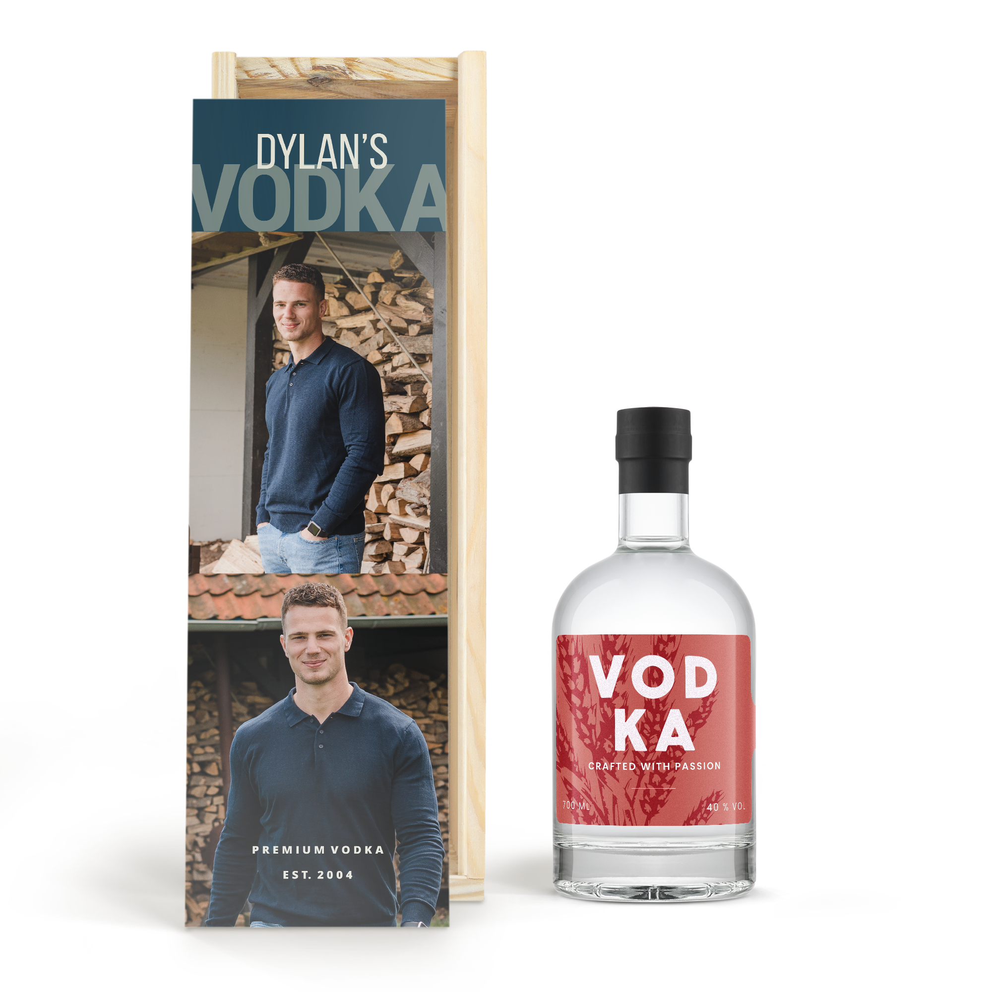 Bouteille de vodka personnalisée avec étiquette rouge dans un coffret en bois imprimé photo de Dylan