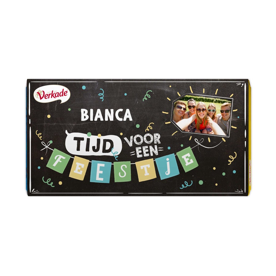 Verkade chocoladereep bedrukken - Feestje (Melk) Verkade chocoladereep bedrukken - Feestje (Melk)