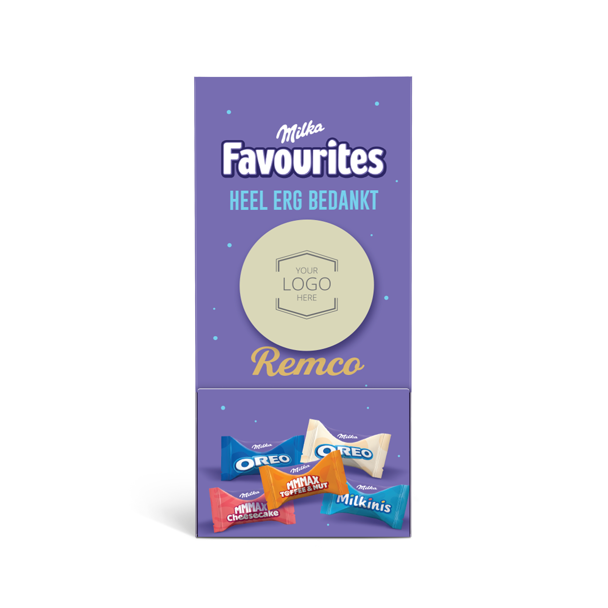 Milka Favourites dispenser bedrukken met eigen logo, de tekst Heel Erg Bedankt en naam Remco.
