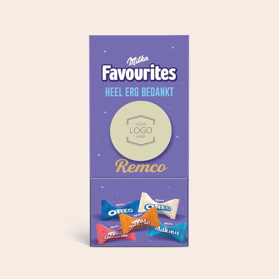 Milka Favourites Dispenser bedrukken Milka Favourites dispenser bedrukken met eigen logo, de tekst Heel Erg Bedankt en naam Remco.