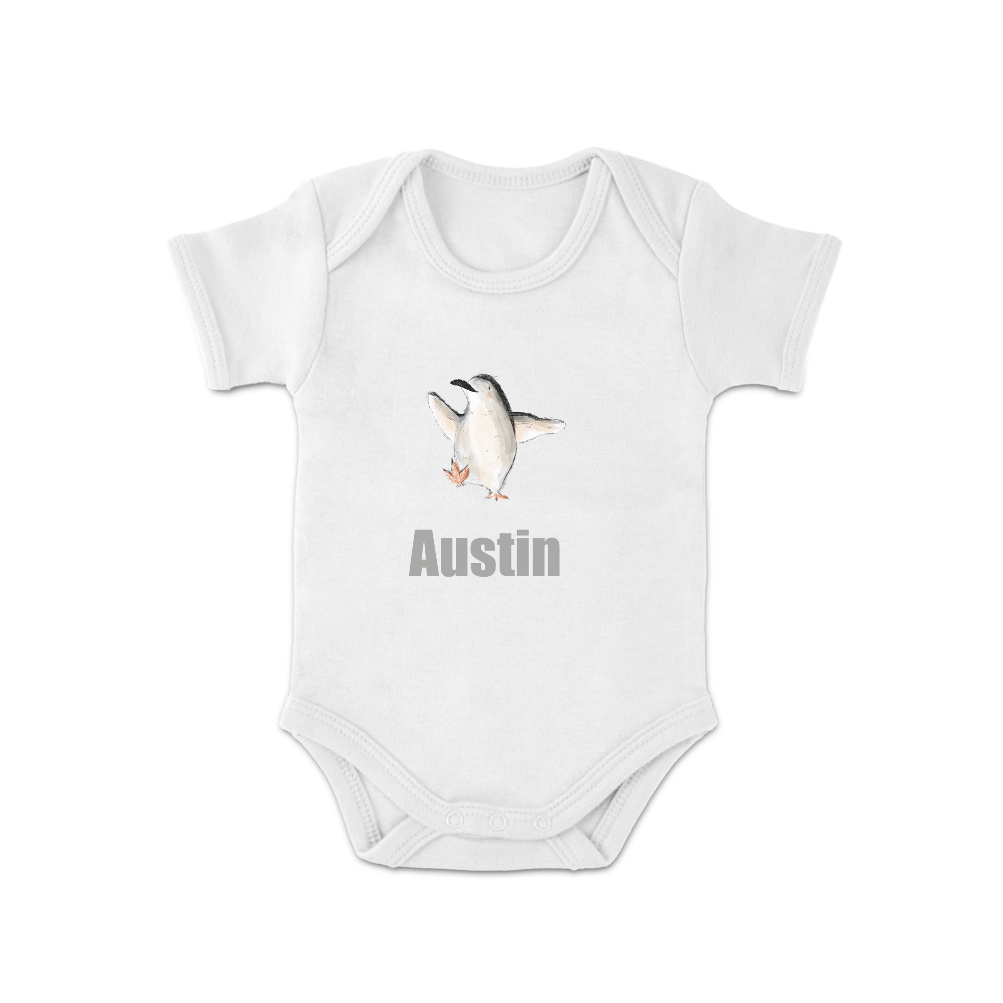 Hvid personlig baby body med tryk af en pingvin og navnet Austin under