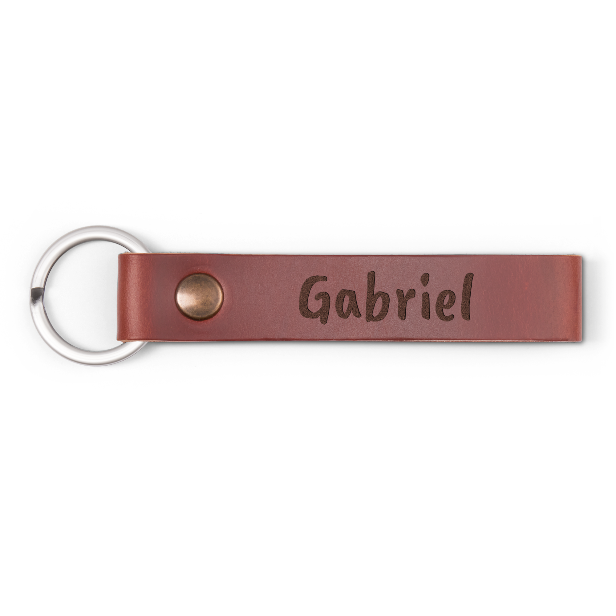 Nahkainen avaimenperä nimellä Gabriel, kaiverrettu ruskeaan nahkaan personoidulla tekstillä