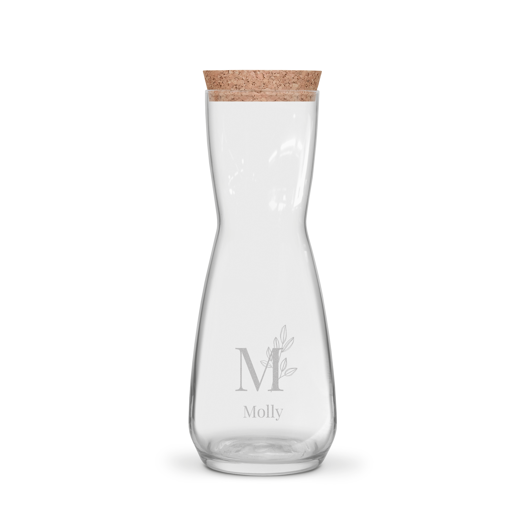 Decantor personalizat din sticlă cu dop de plută, gravat cu litera M și numele Molly în frunze stilizate.