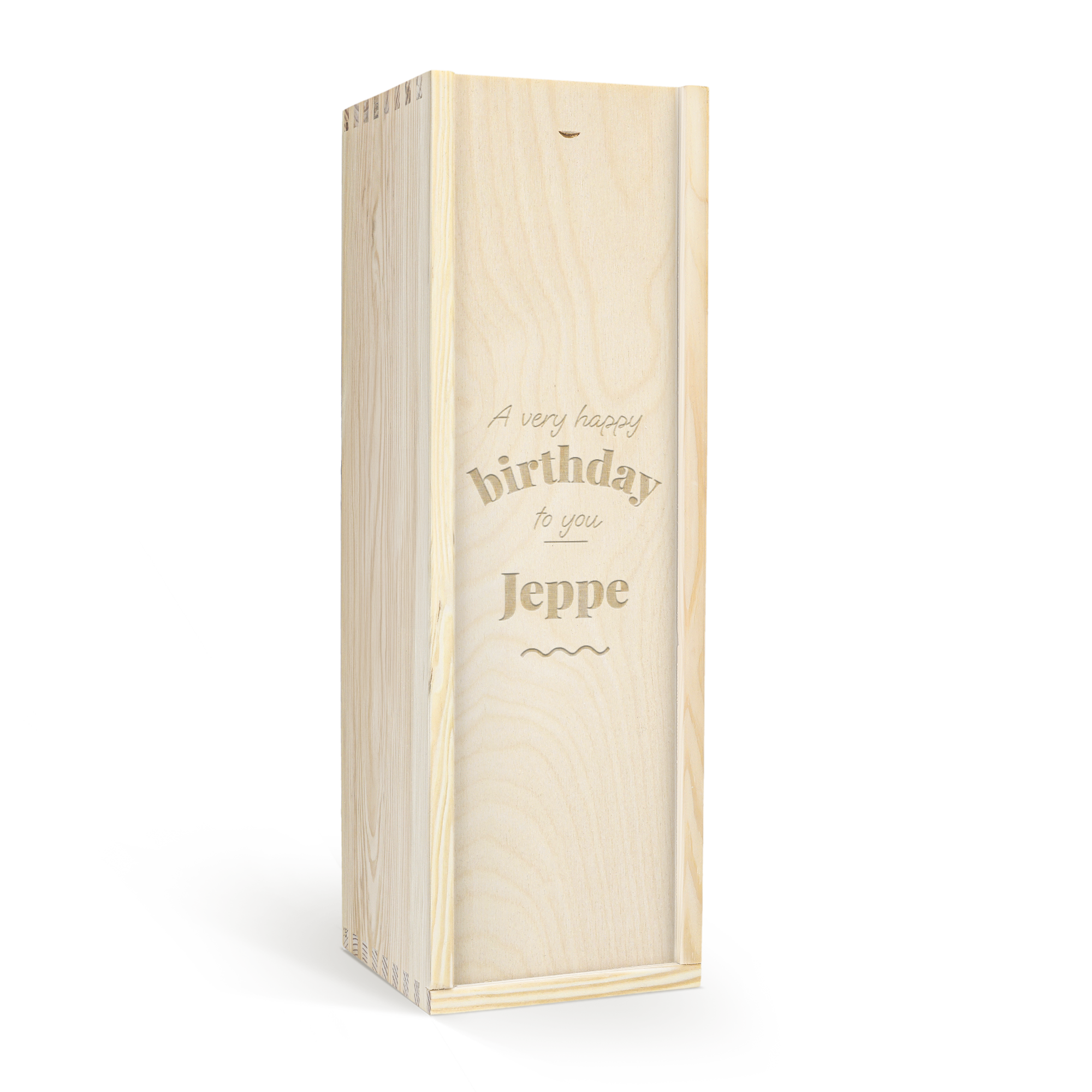 Personlig flaske Graham's The Tawny Reserve i indgraveret trækasse med teksten A very happy birthday to you Jeppe