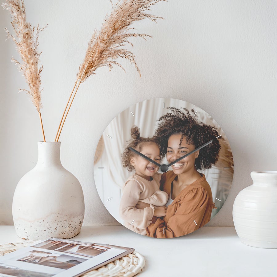 Personalised wall clock Round personalized photo clock with a picture of a smiling mother and daughter printed on the face