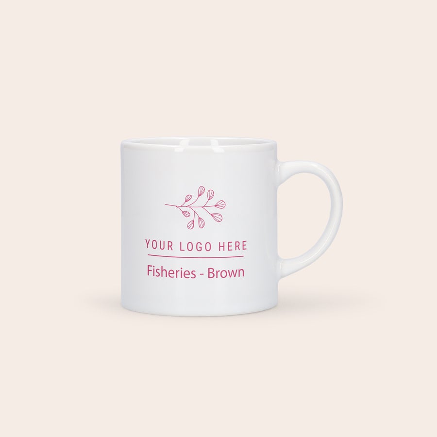 Ceașcă de cafea personalizata Cană personalizată albă pentru iubitorii de cafea, imprimată cu logo și textul "Fisheries - Brown"