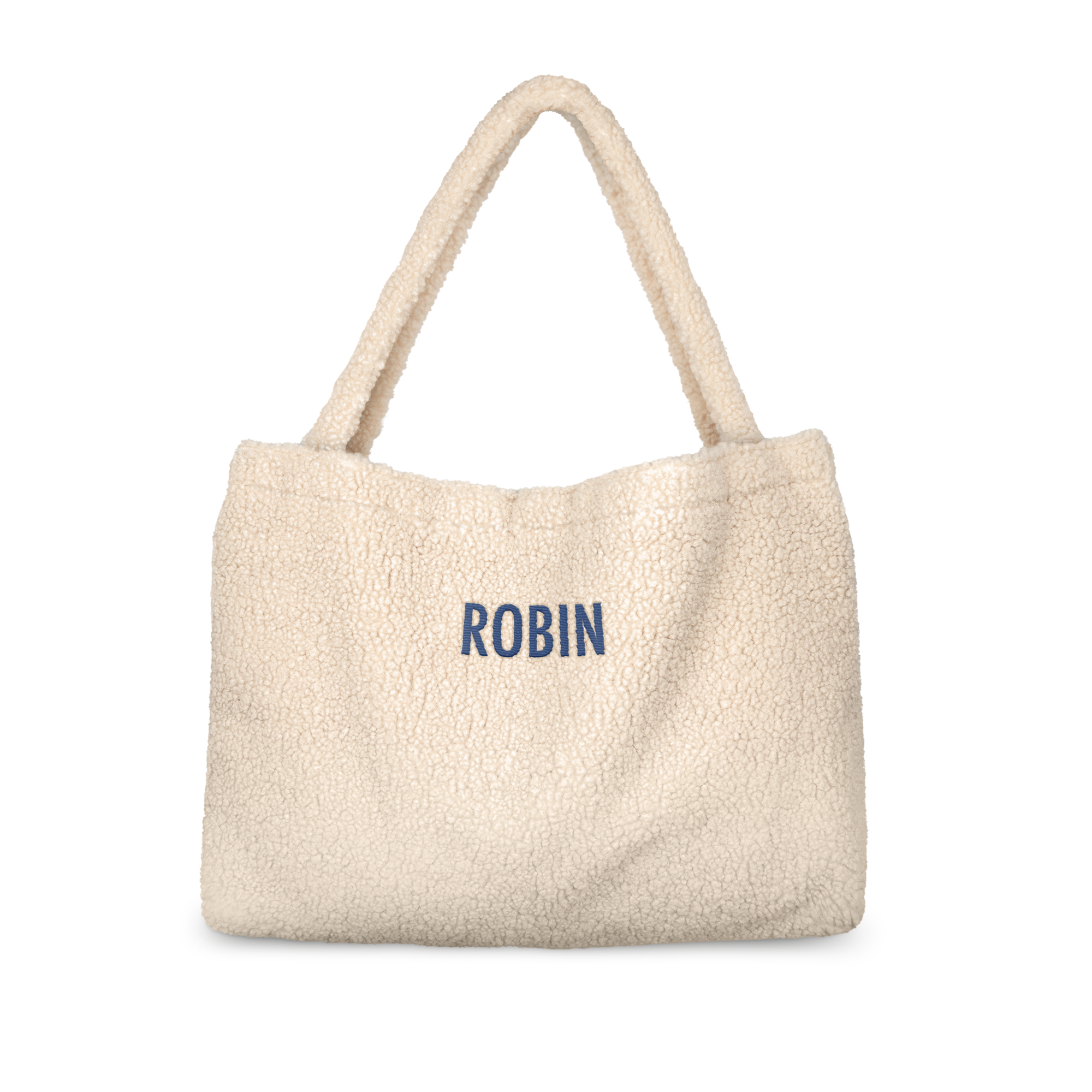 Bolsa de pelúcia creme com nome ROBIN bordado em azul marinho, presente personalizável