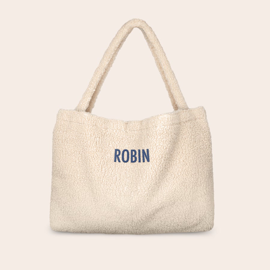 Torebka teddy z imieniem Beżowa torba teddy z haftowanym imieniem ROBIN, spersonalizowana torebka na ramię