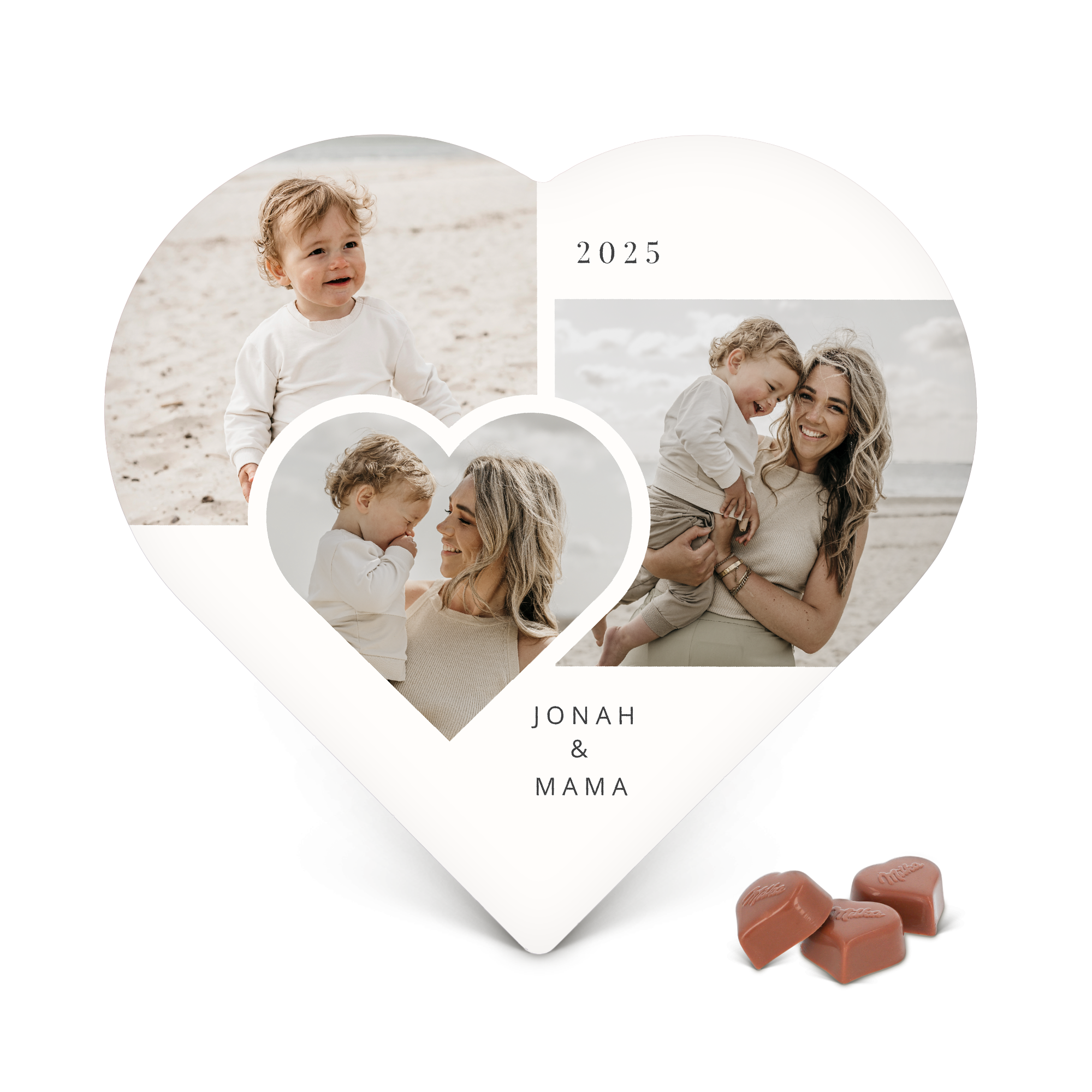 Hartvormige chocoladebox met foto's, het jaartal 2025 en de namen Jonah & Mama bedrukt, ideaal om een gepersonaliseerd hart te maken.