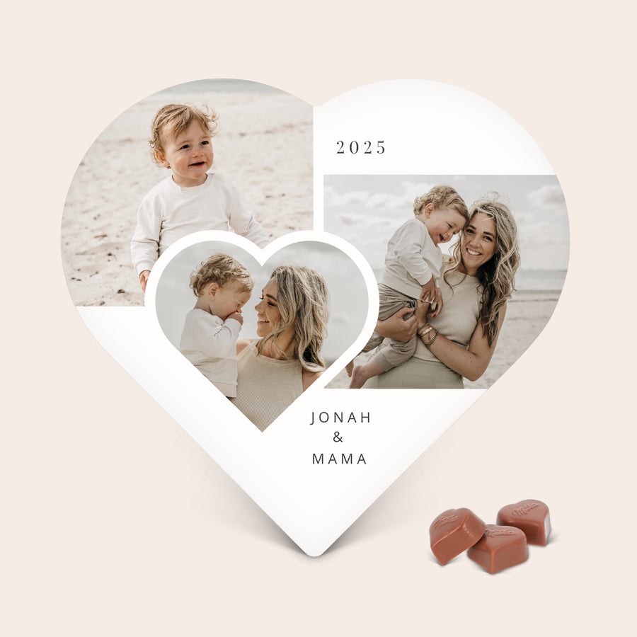 Milka chocolade hart Hartvormige chocoladebox met foto's, het jaartal 2025 en de namen Jonah & Mama bedrukt, ideaal om een gepersonaliseerd hart te maken.