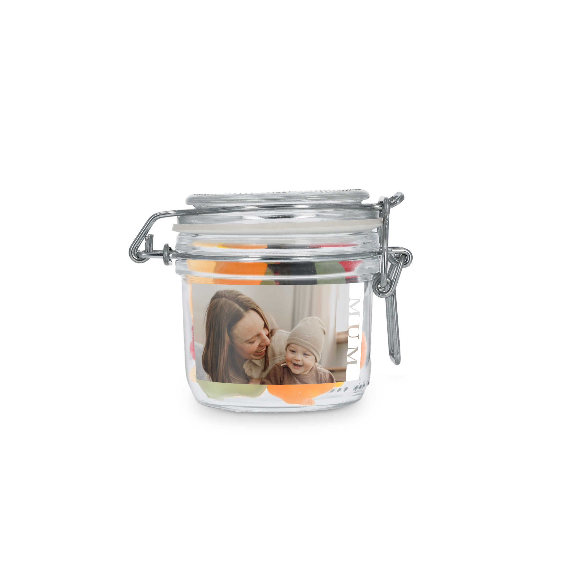 Personalised sweet jar with winegums, printed with a photo of a mother and baby and text MUM