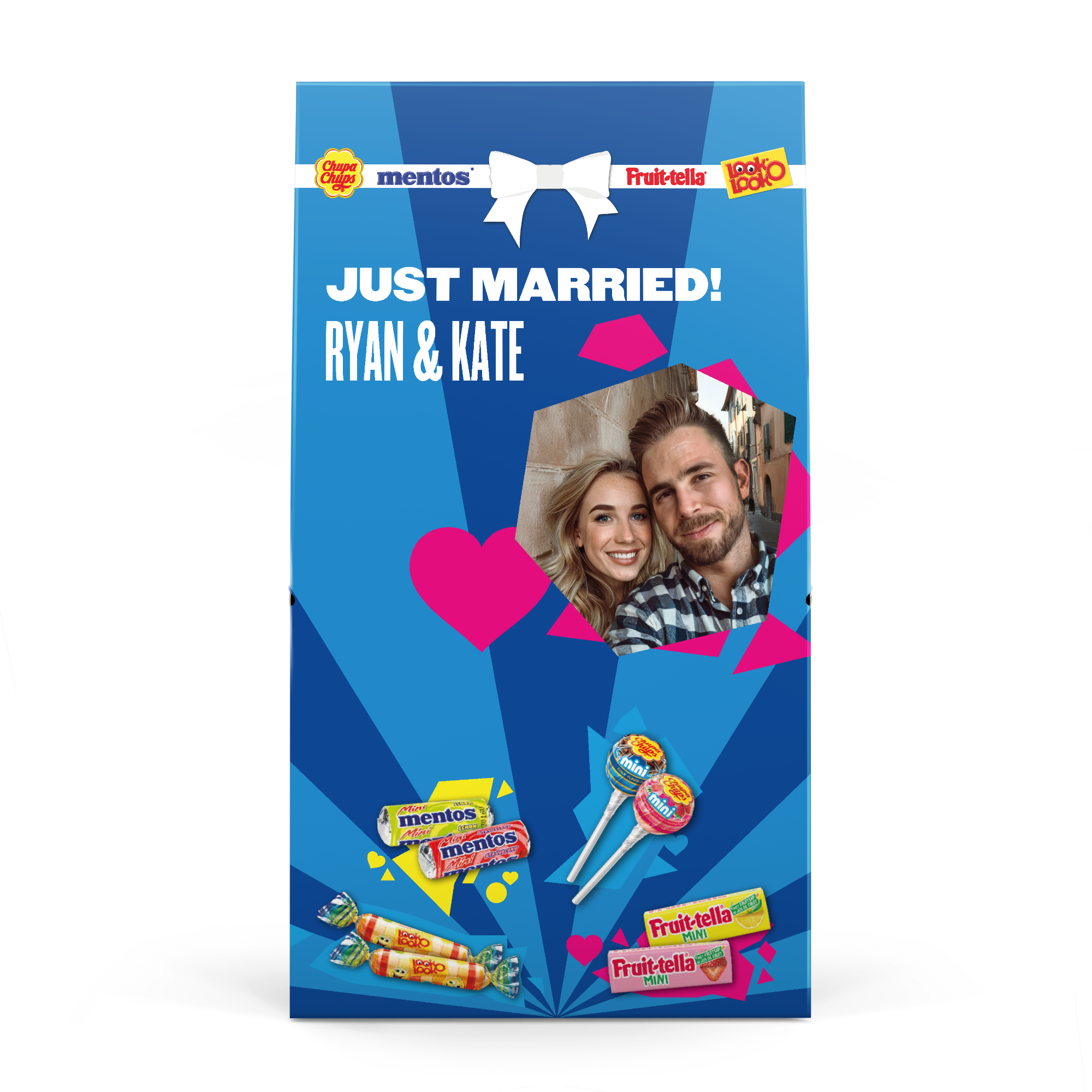 Personalised Fruit-tella candy mix with "Just Married Ryan & Kate" and a photo printed on the packaging.