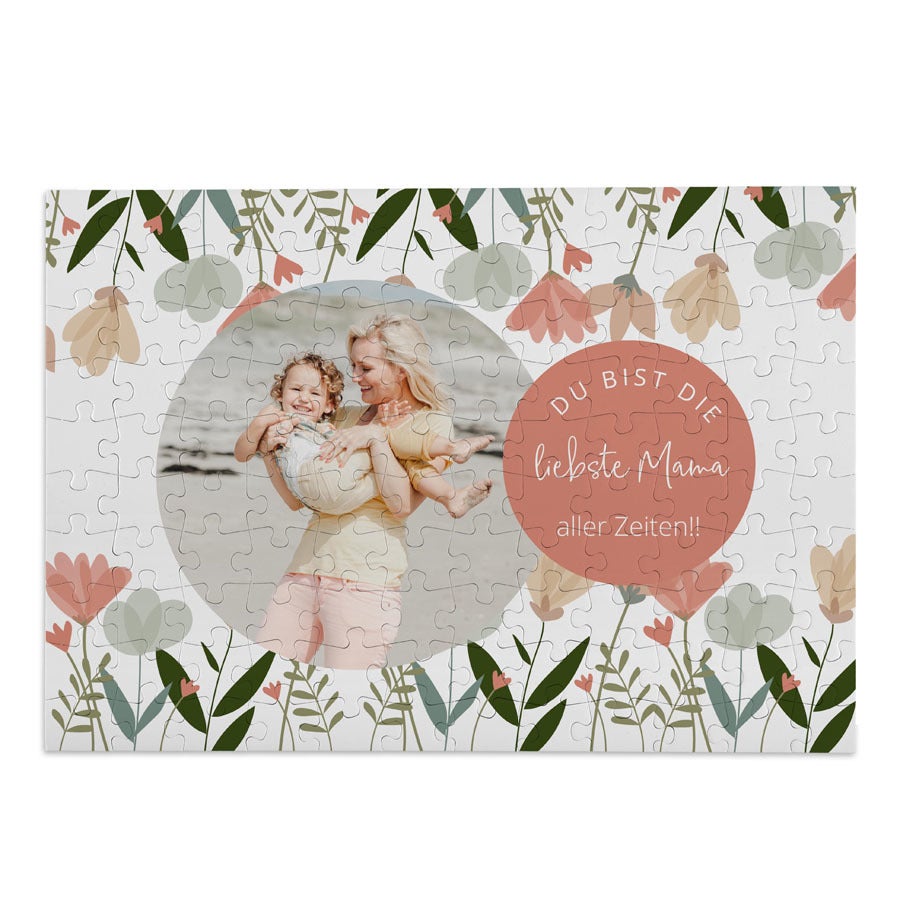 Einzigartiges Muttertag-Puzzle mit Foto von Mutter und Kind und der Aufschrift "DU BIST DIE liebste Mama aller Zeiten!!"