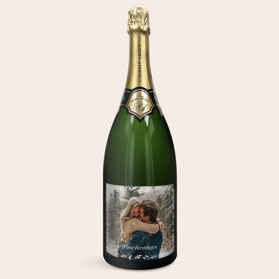 Champagne René Schloesser Magnum personaliseren Magnum champagne met eigen etiket, gepersonaliseerd met foto en tekst Fijne Feestdagen