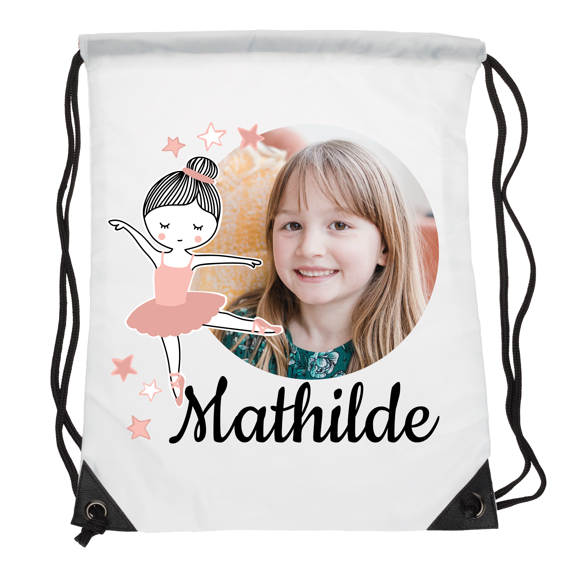 Sac de gym personnalisé blanc avec photo, prénom Mathilde et dessin de ballerine, idéal pour l'école.