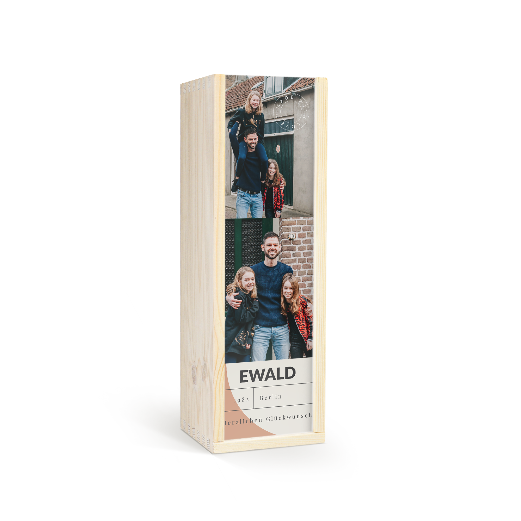 Eine personalisierte Jack Daniels Whiskey Holzkiste mit Foto von "Ewald" und der Aufschrift "Herzlichen Glückwunsch"