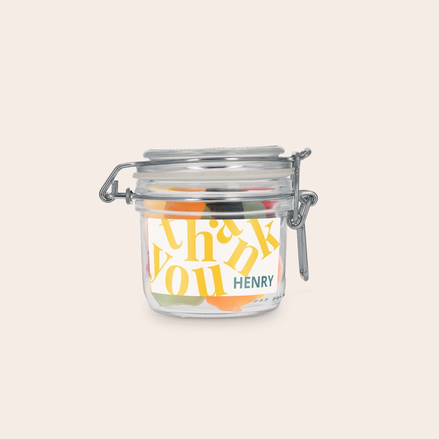 Personalisierte Bonbonglas Personalisiertes Bonbonglas mit Weingummi, bedruckt mit dem Text "Thank You Henry"