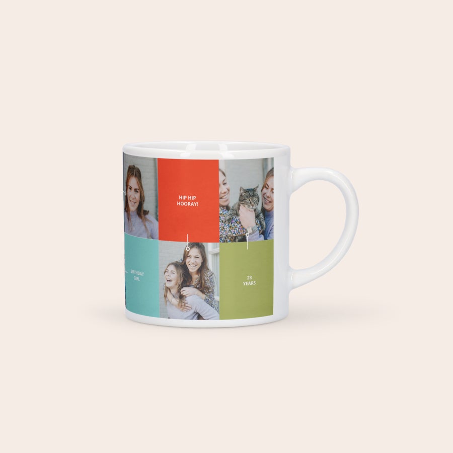 personalizirana skodelica za kavo Bela personalizirana skodelica za kavo, potiskana s kolažem fotografij in napisom Hip Hip Hooray, 23 Years