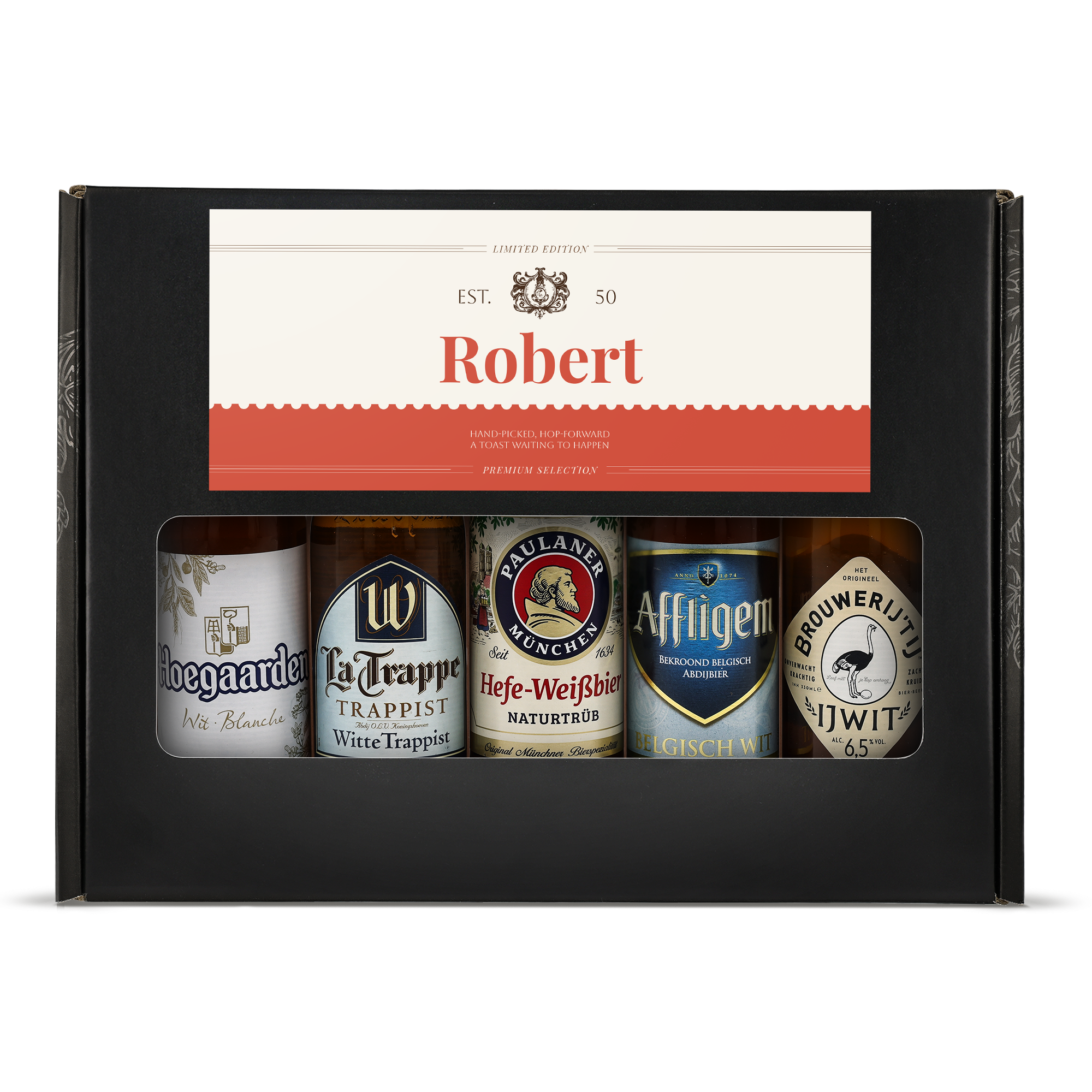 Gepersonaliseerd bierpakket - Weizen met verschillende speciaalbieren, bedrukt met de naam Robert op een etiket met rode details.