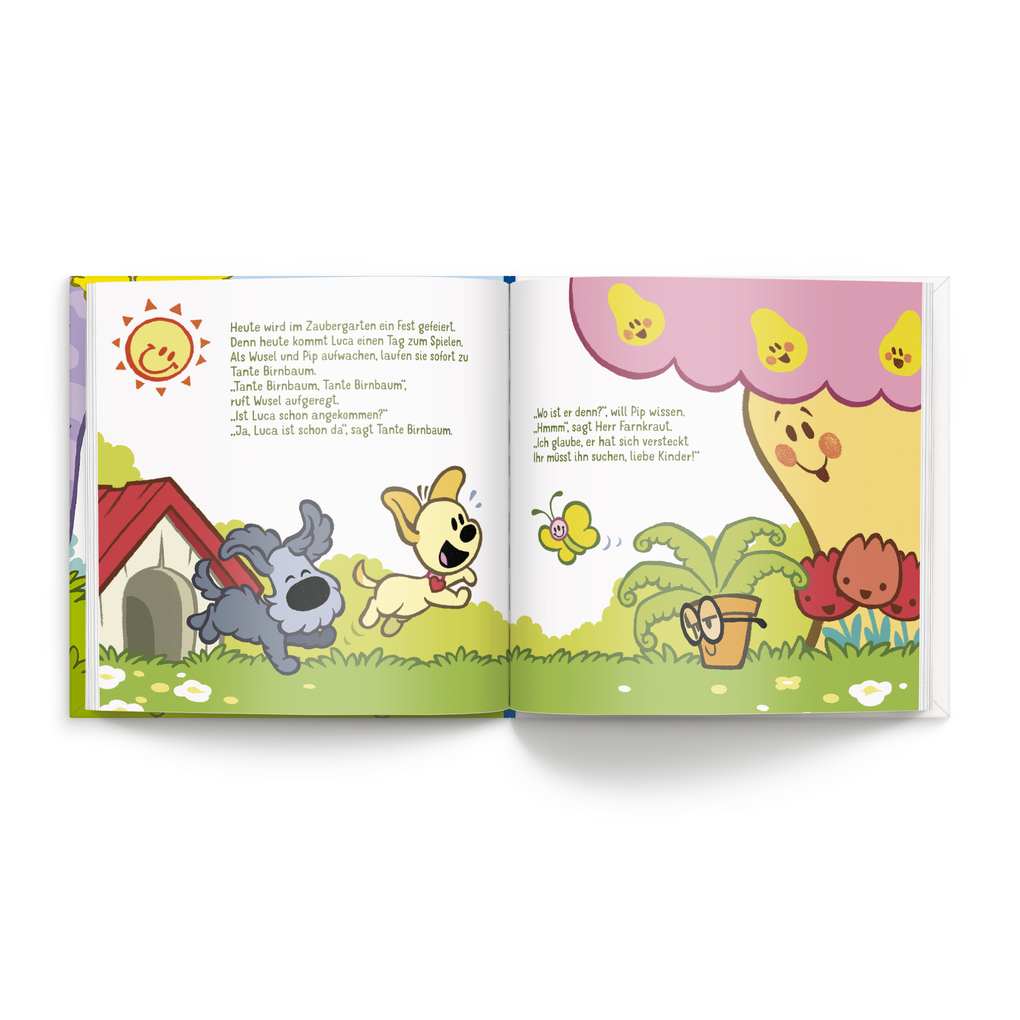 Offenes Kinderbuch Wusel & Pip Versteckspiel personalisieren mit farbigen Illustrationen und personalisiertem Text, ideal zum Verschenken.