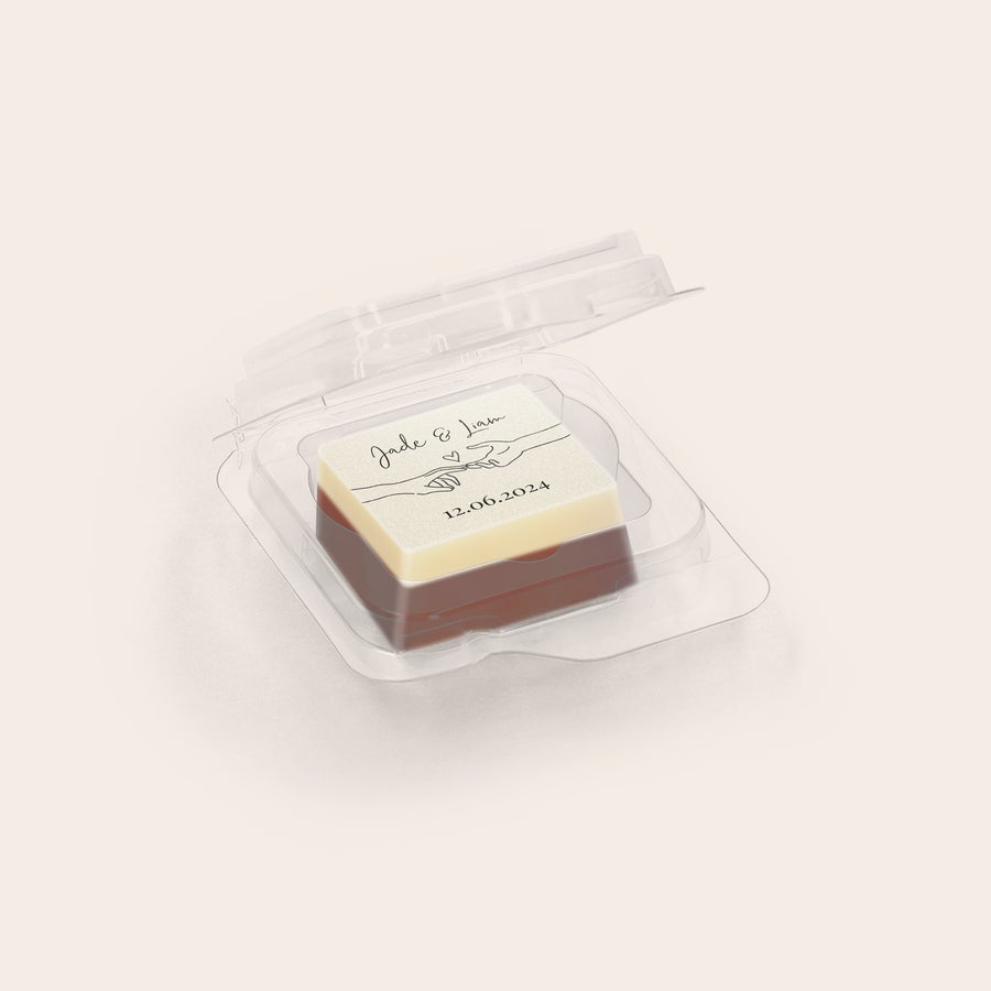 Cioccolatini Segnaposto Personalizzati Bomboniera al cioccolato personalizzata, con stampa di nomi Jade Liam e data 12.06.2024, avvolta singolarmente