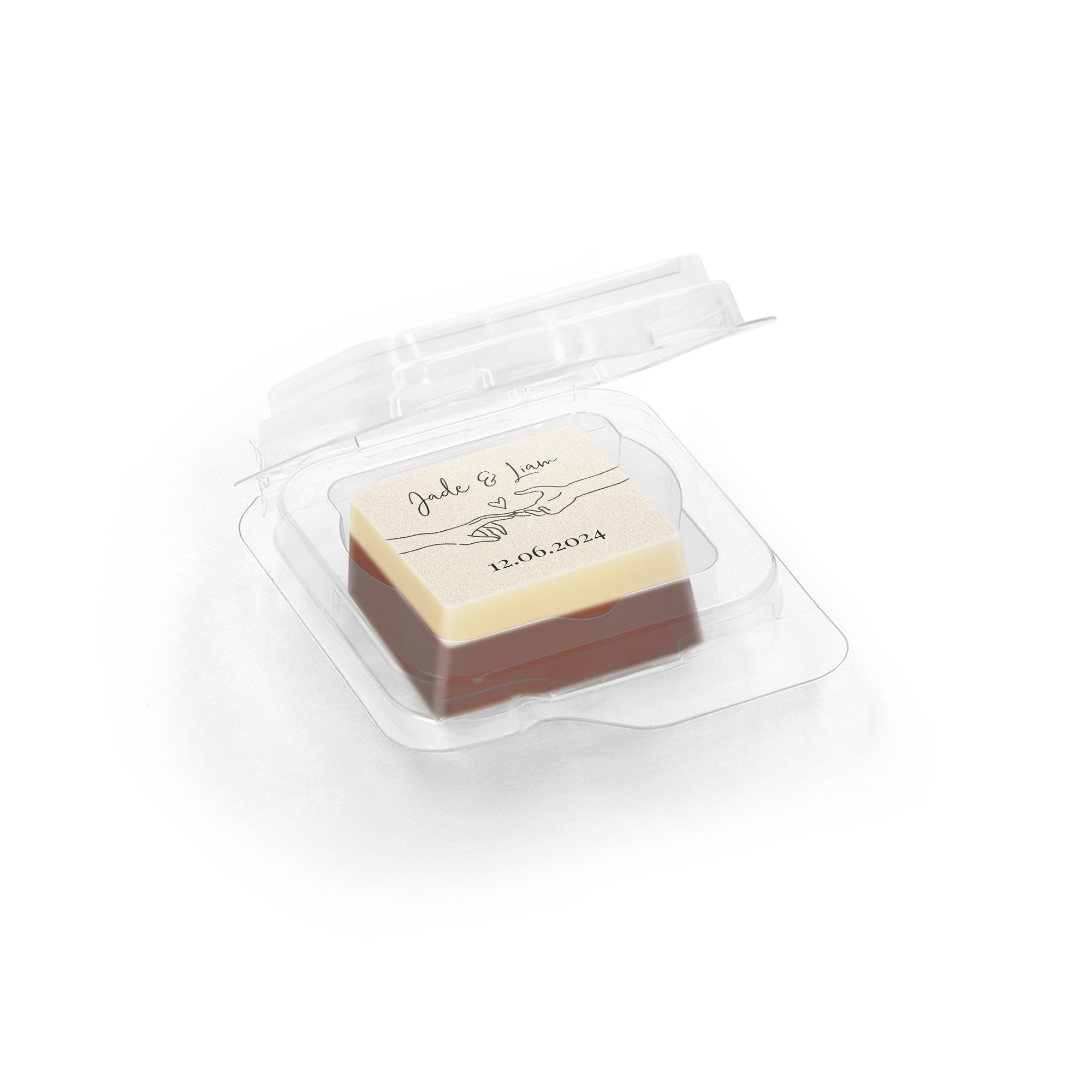 Delicious chocolate favours with a custom photo or logo, showing a personalized treat with "Jade & Liam" and "12.06.2024" printed on white chocolate