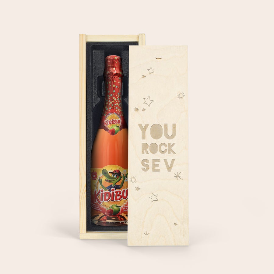 Espumante sem álcool Champanhe para sem álcool para crianças Kidibul em caixa de madeira personalizada com "YOU ROCK SEV" gravado.