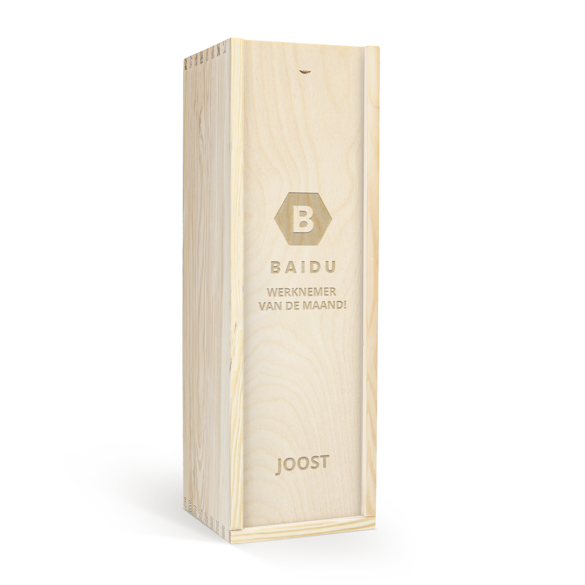 Houten kist voor whisky, gegraveerd met "Baidu Werknemer van de maand!" en naam "Joost"