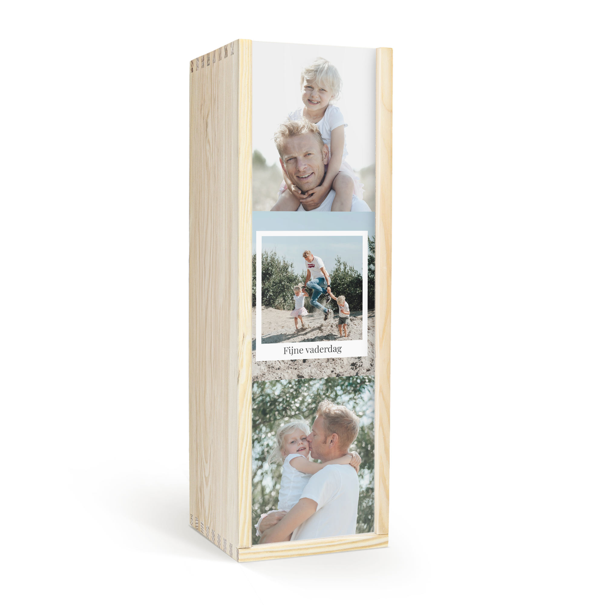 Houten kist voor Graham's port bedrukt met foto's van een vader met kinderen en de tekst Fijne vaderdag voor de portdrinker