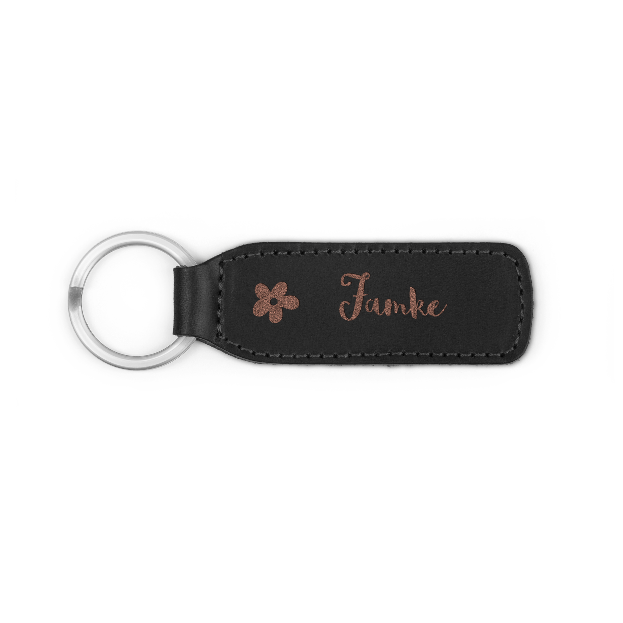 Zwarte leren sleutelhanger met gegraveerde naam Famke en een bloem voor aan je sleutelbos