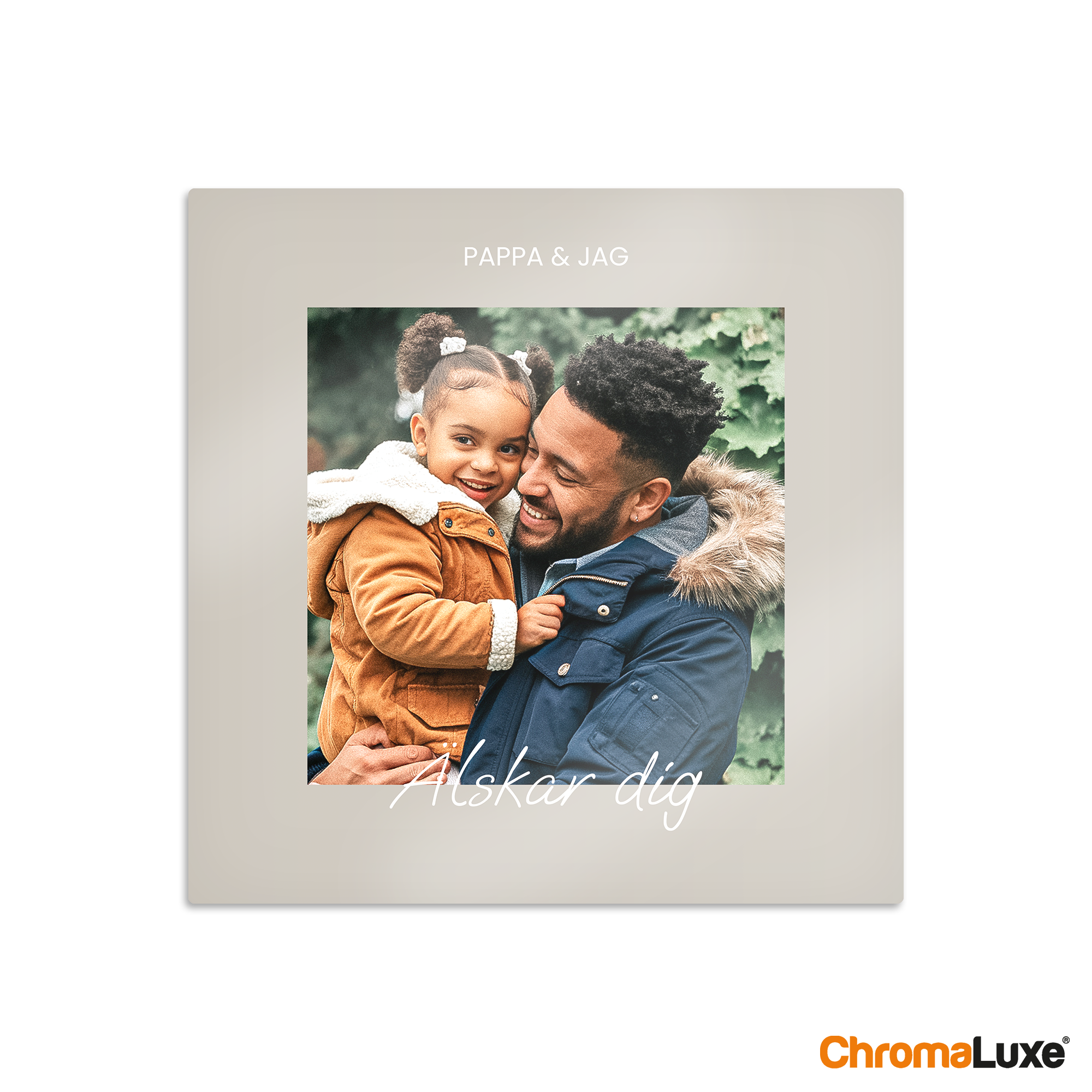 Aluminium Instagram fotokollage med tryckt foto av pappa och dotter, texten "PAPPA & JAG" och "Älskar dig"