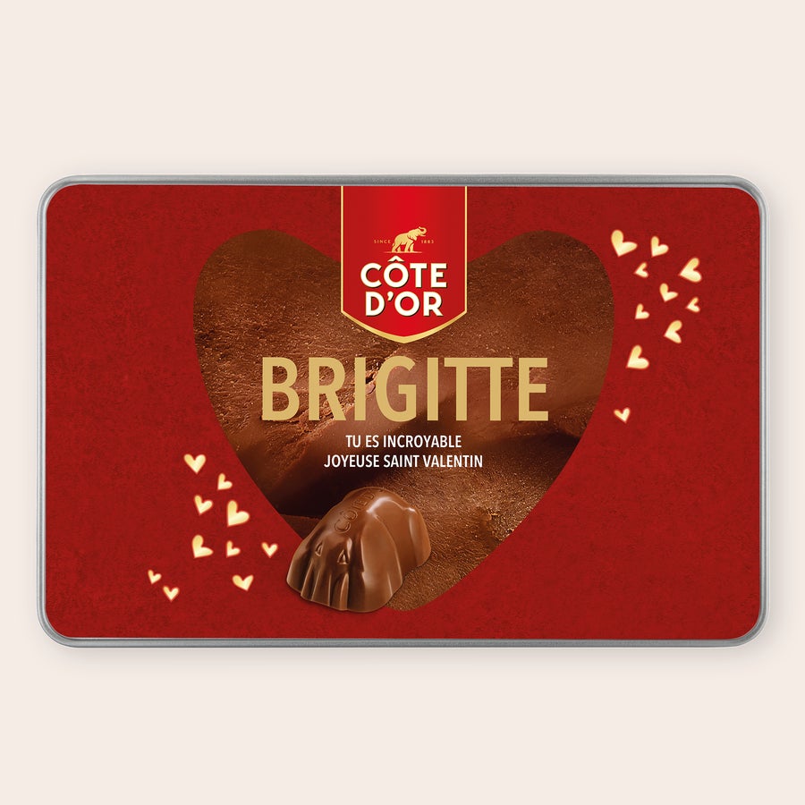 Boîte de Chocolat - Mini Bouchée Côte d'Or Boîte cadeau personnalisée - Rectangle - Mini Bouchée rouge avec cœur en chocolat imprimé "Brigitte, Tu es incroyable, Joyeuse Saint Valentin".