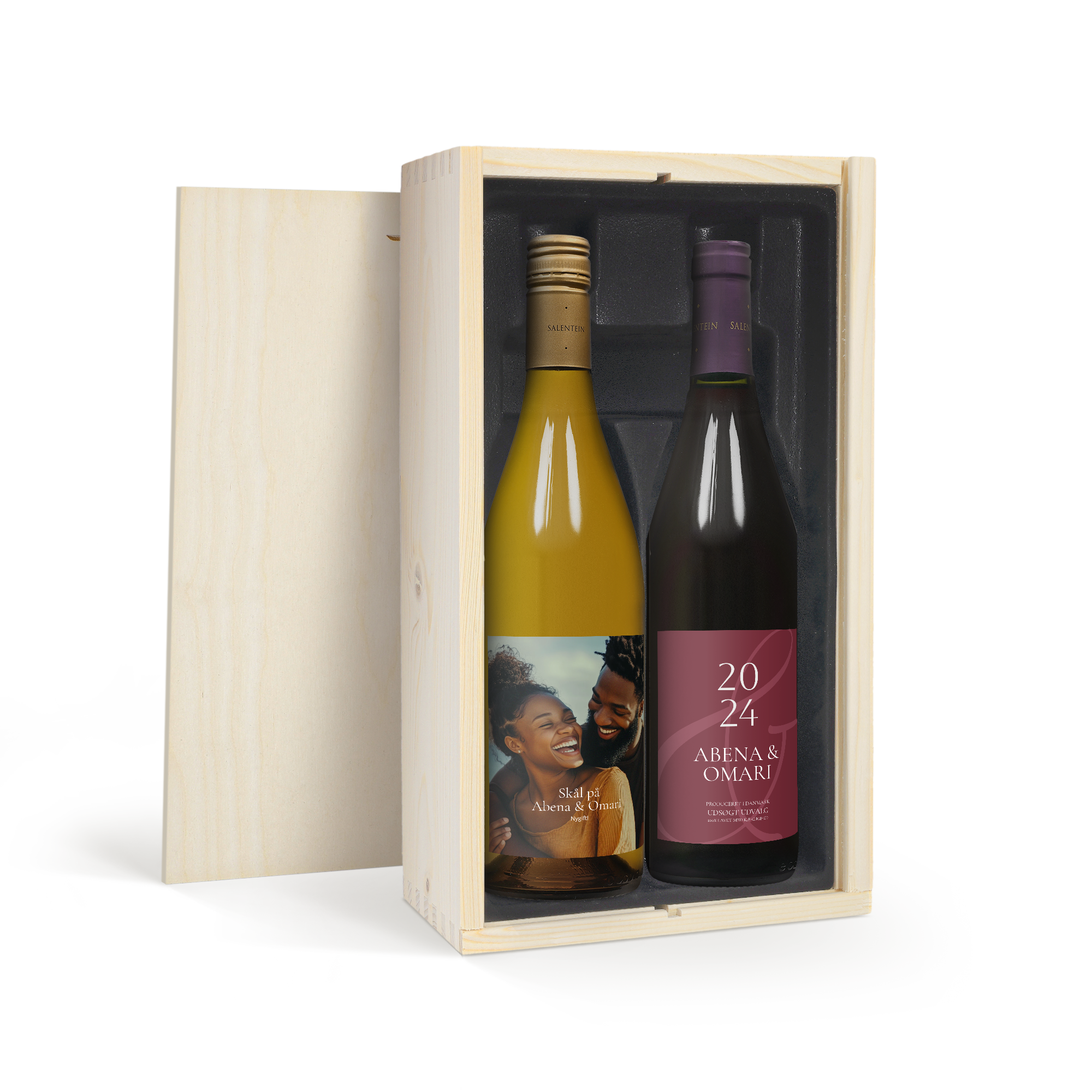 Vin gavesæt med personlig etikette og trækasse - Salentein Pinot Noir & Chardonnay