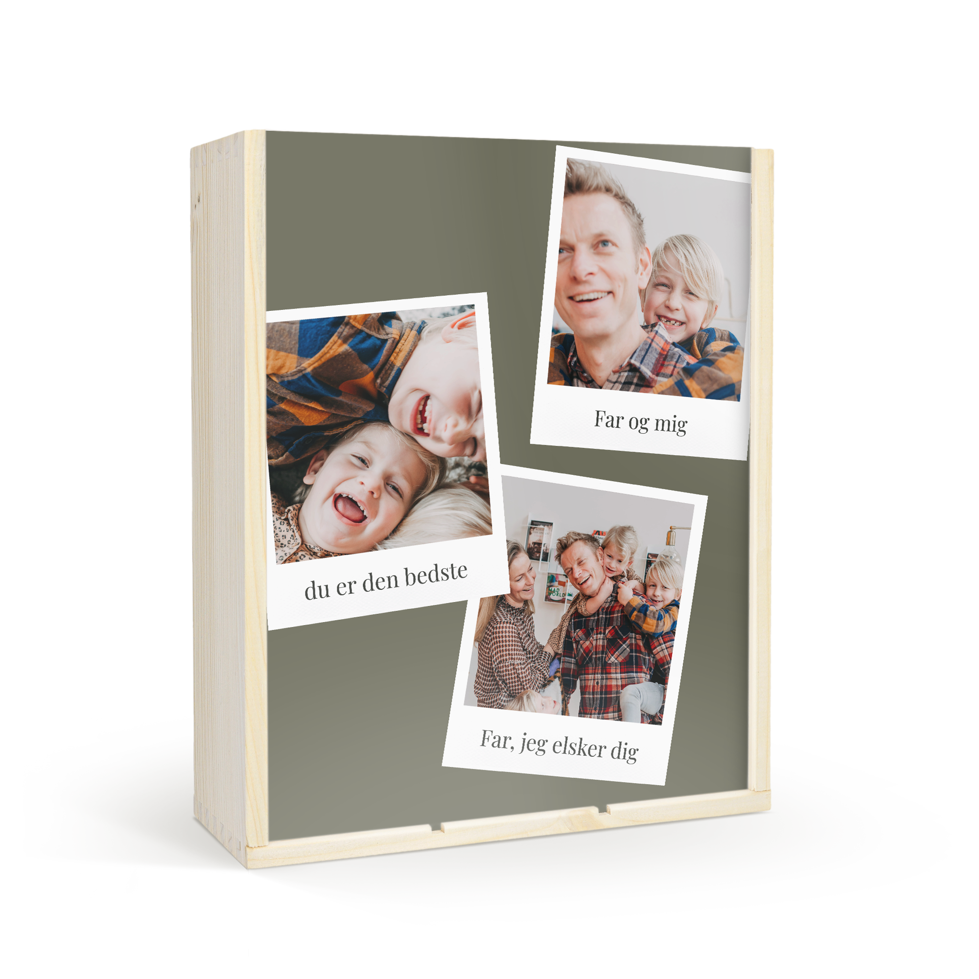 Trækasse til vin med personligt print af 3 billeder og tekster.