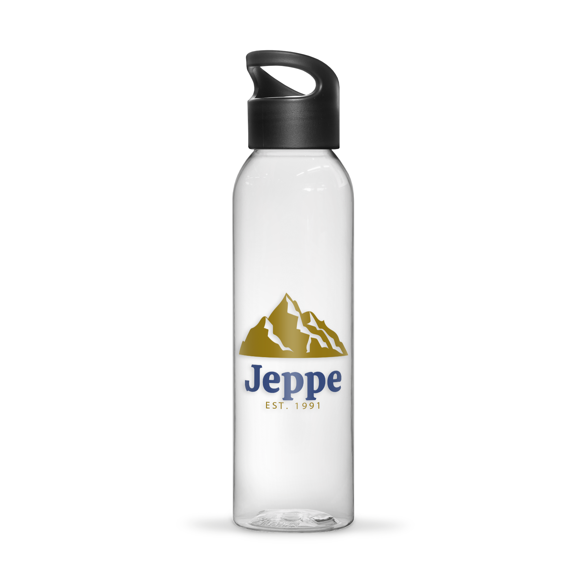 Gennemsigtig drikkedunk med sort låg, printet med et gult bjerglogo og navnet Jeppe EST. 1991, til at designe din egen.