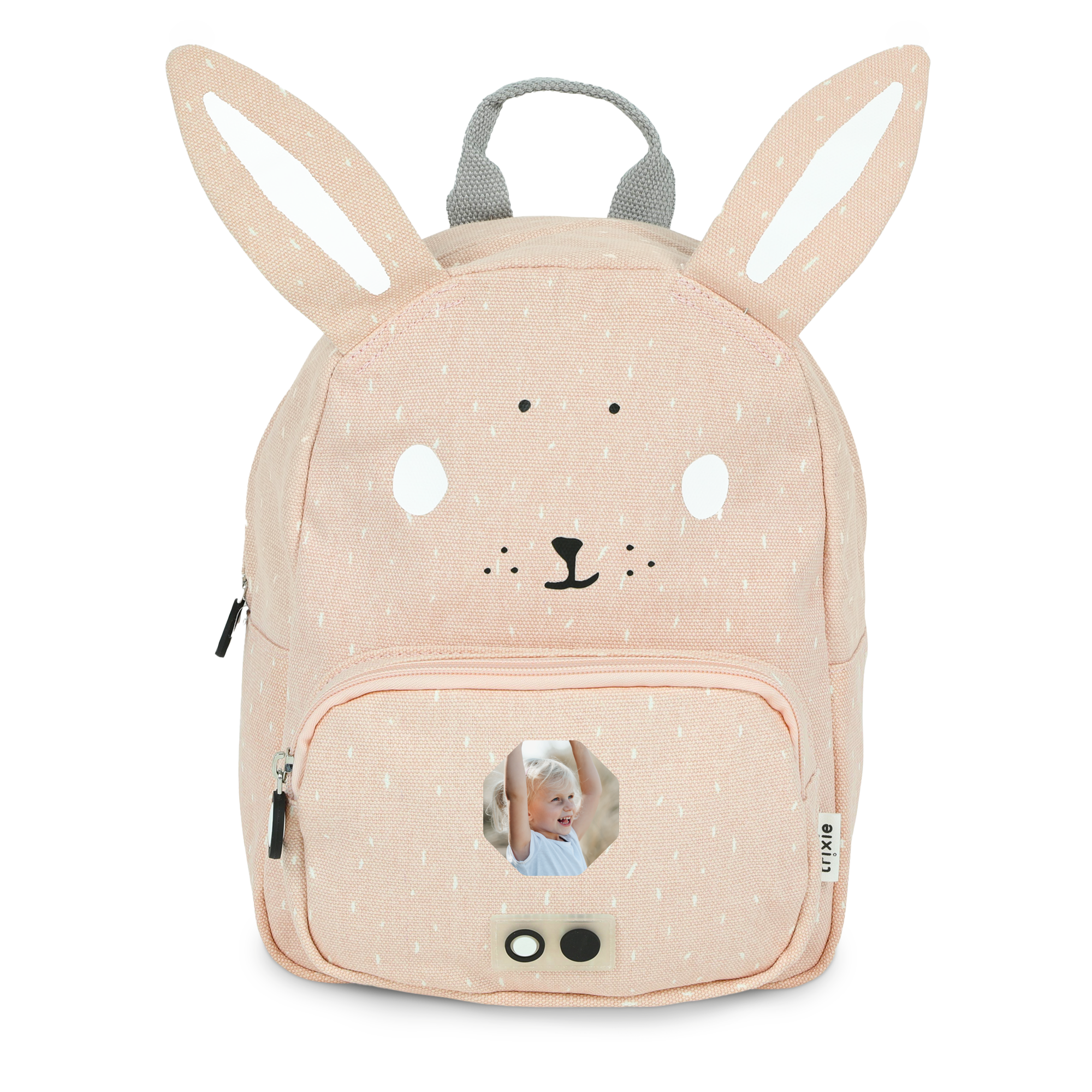 Mochila infantil personalizada coelha rosa, com orelhas, rosto estampado e foto do pequenote