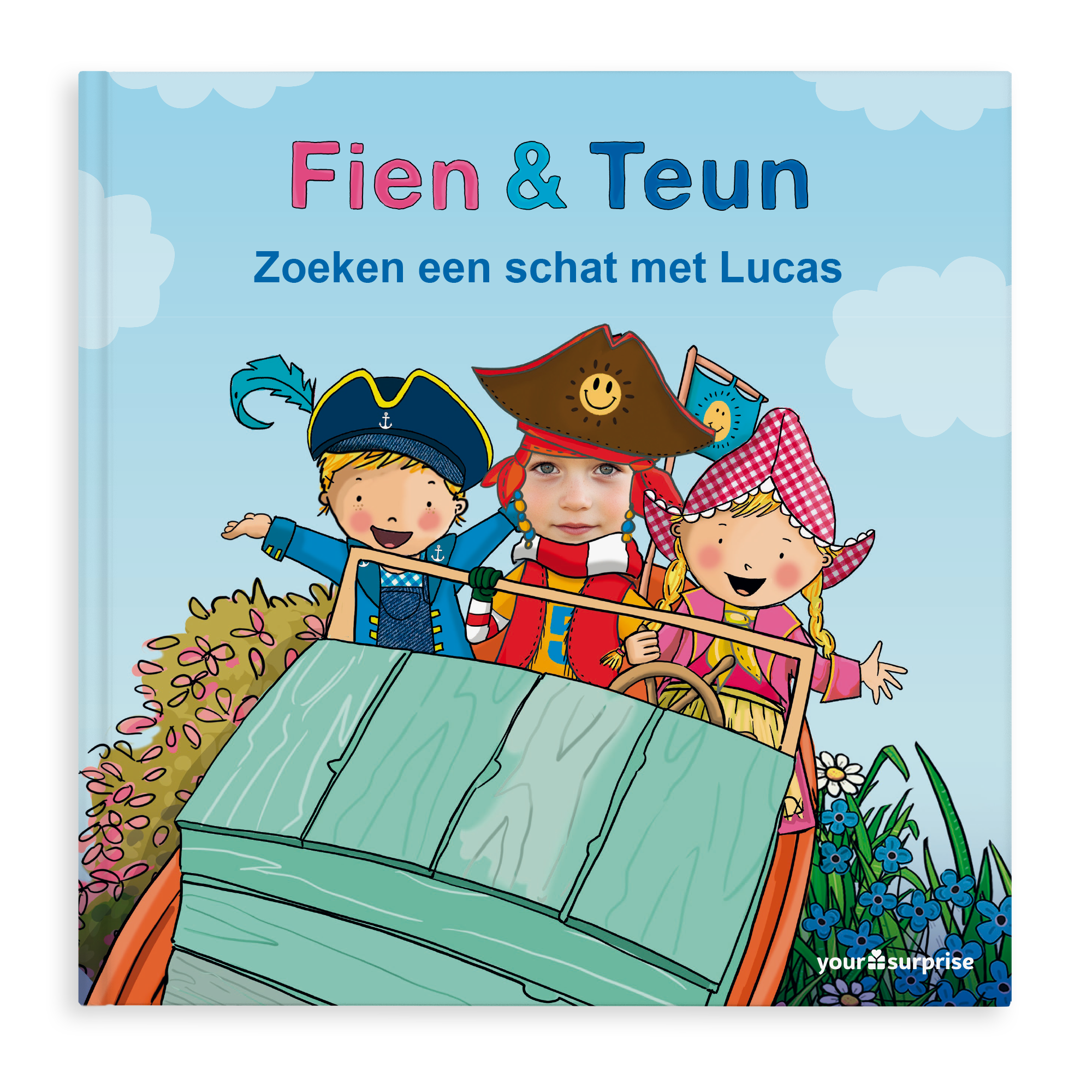 Ga op schattenjacht samen met Fien en Teun in dit kinderboek met naam en foto van het kind geprint op de voorkant