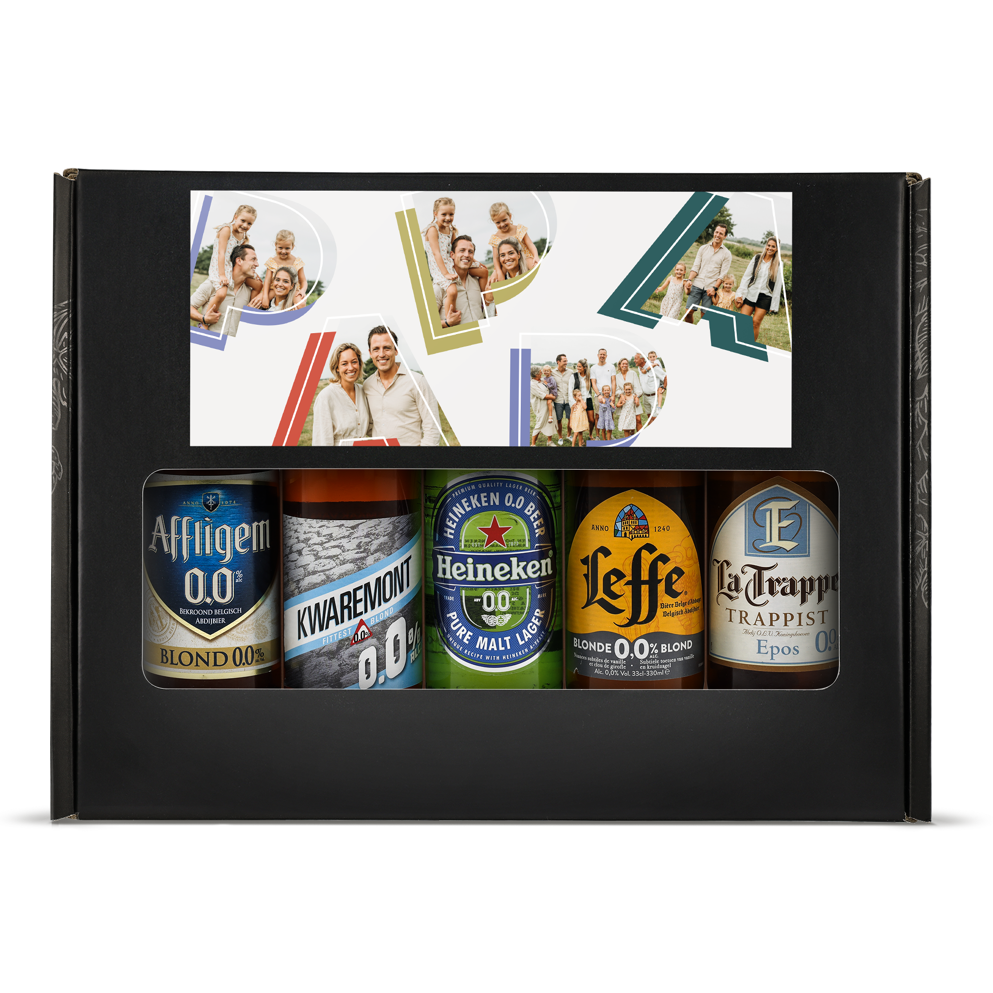 Personligt ölpresentset - Alkoholfritt med fem alkoholfria öl och ett omslag tryckt med egna foton.