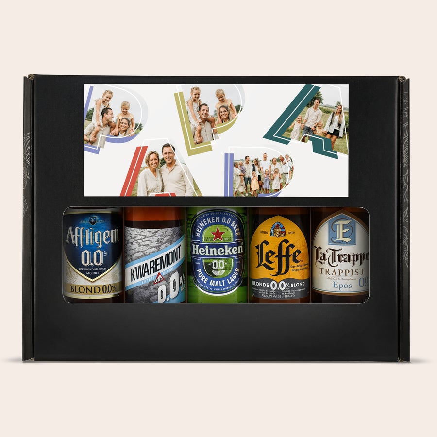 Personliga Öl presentset Personligt ölpresentset - Alkoholfritt med fem alkoholfria öl och ett omslag tryckt med egna foton.