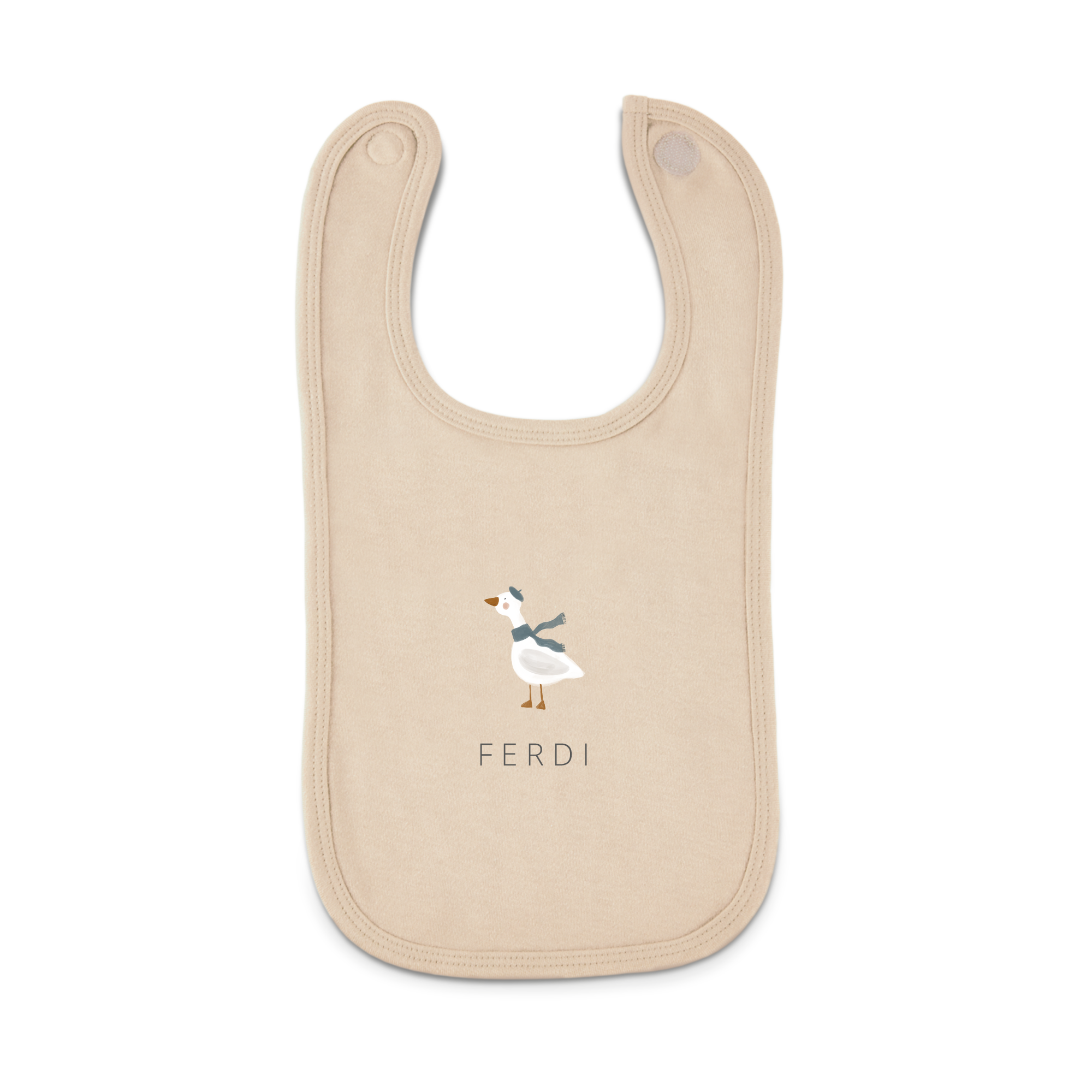 Beige gepersonaliseerd slabbetje bedrukt met een schattige gans met baret en de naam FERDI
