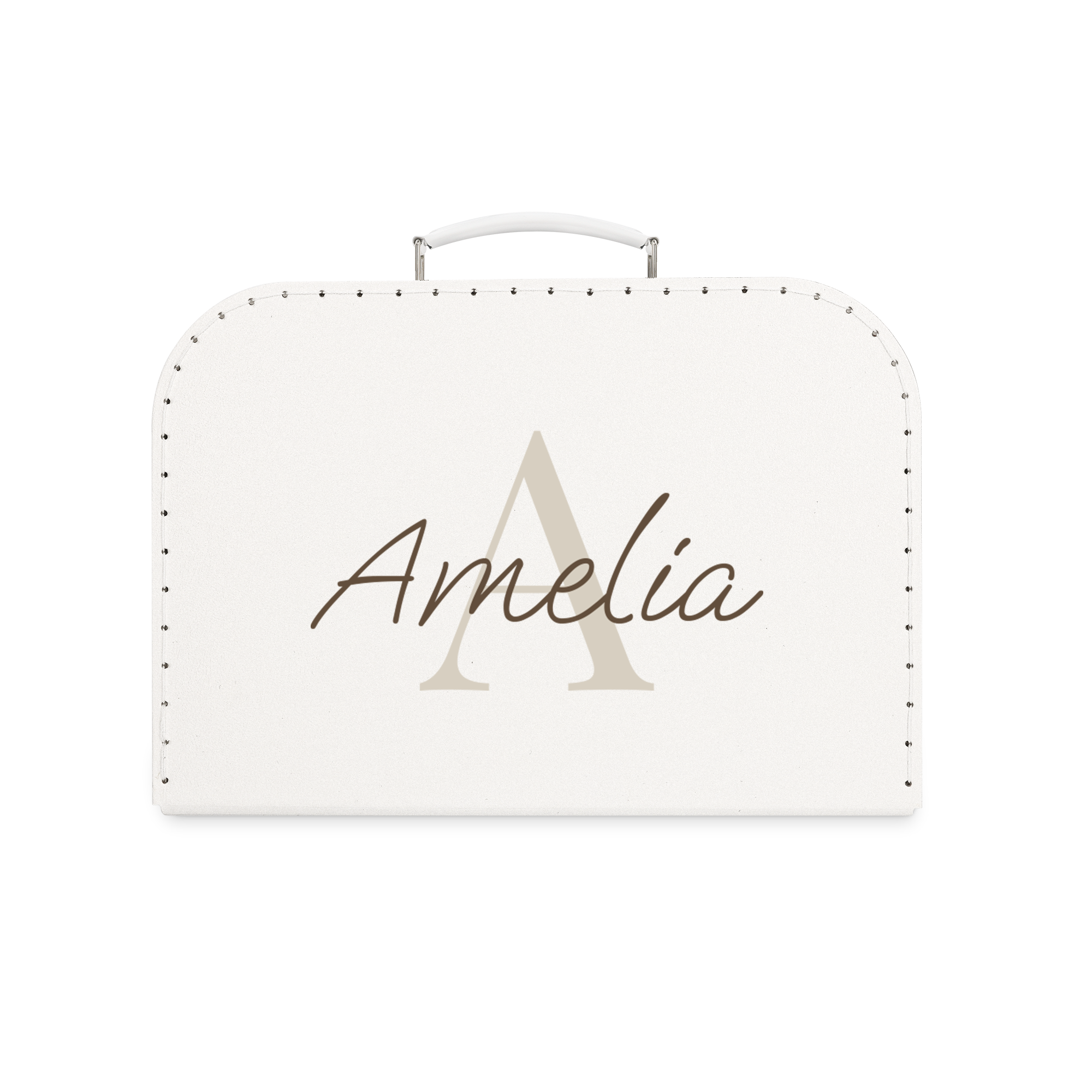 Maleta de juguete impresa con el nombre Amelia en café y una A en crema claro como fondo
