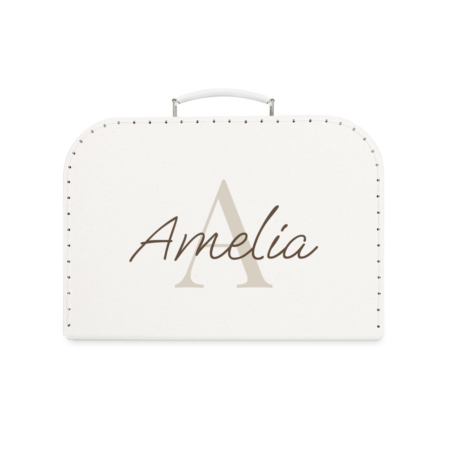 Valigetta per bambini Valigia giocattolo stampata in cartone con nome Amelia in color talpa e lettera A in beige