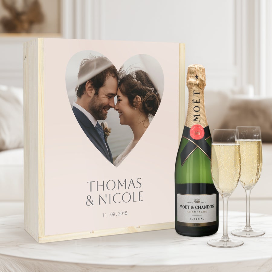 Moët & Chandon Ice Impérial Geschenkset mit Gläsern Moët & Chandon Brut Champagner Geschenk in Holzkiste mit Foto und Namen Thomas & Nicole, 11.09.2015, bedruckt