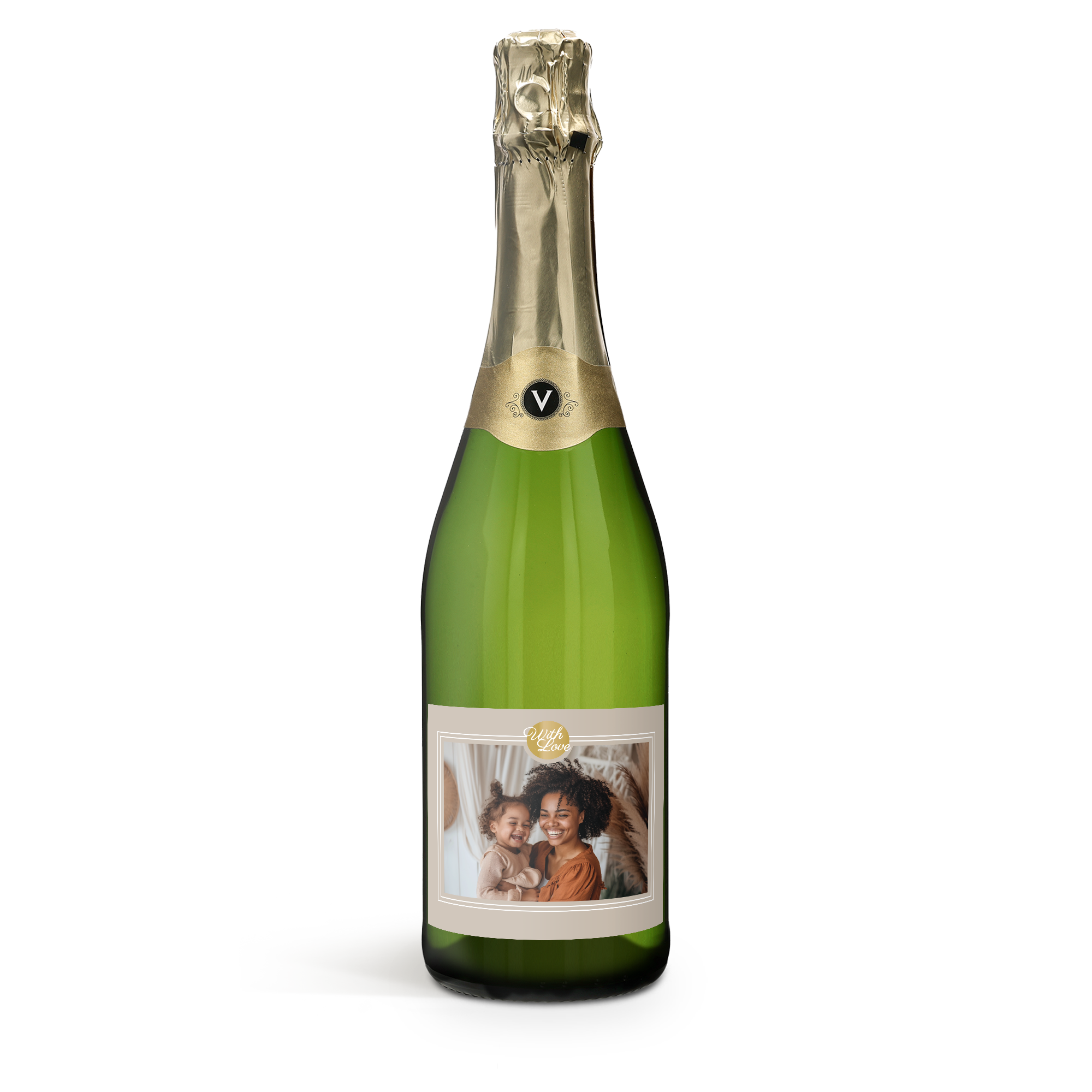 Garrafa de vinho Vintense Blanc Fines Bulles com etiqueta personalizada com foto e texto "With Love" como presente