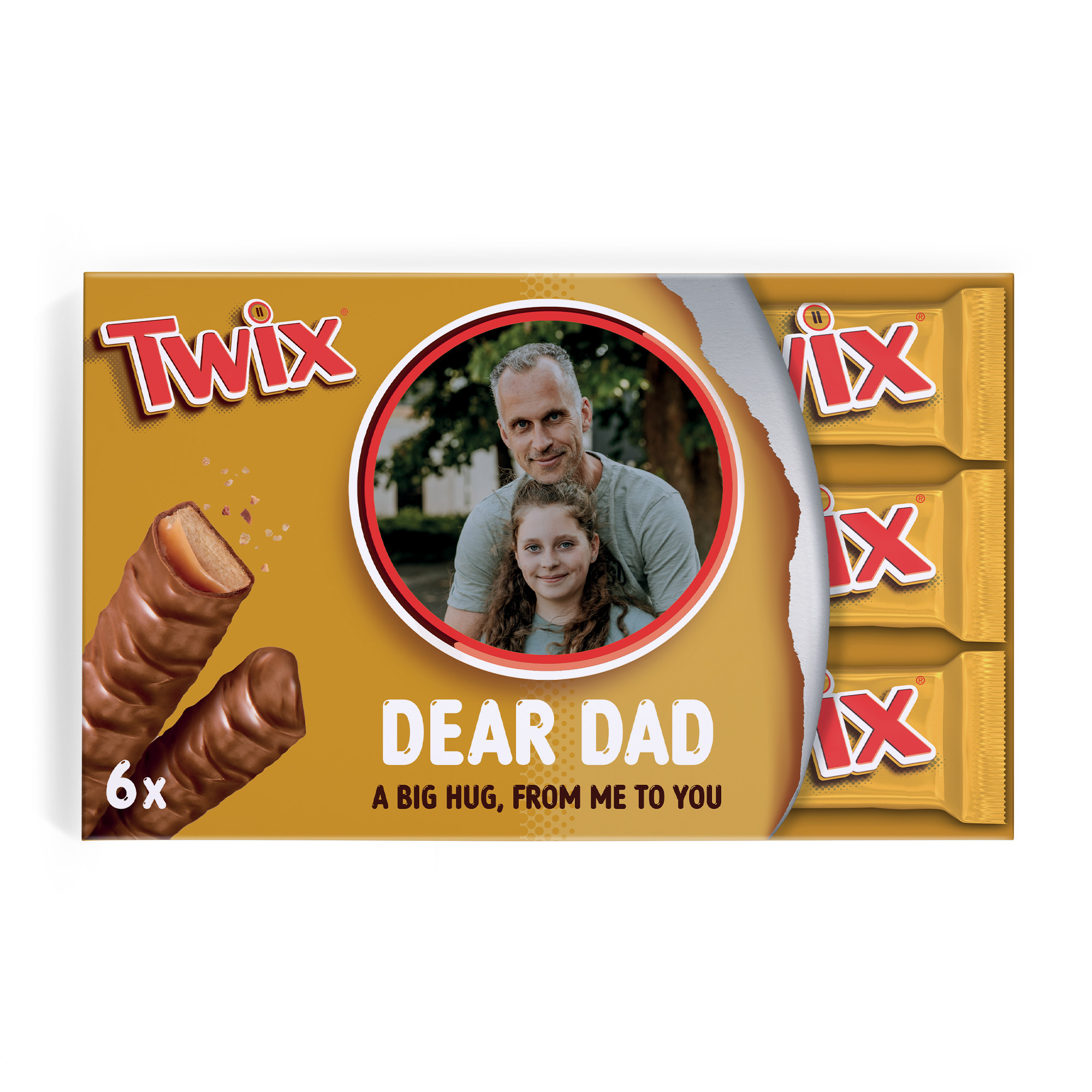 Confezione regalo Twix personalizzata con foto di padre e figlia e il testo Dear Dad