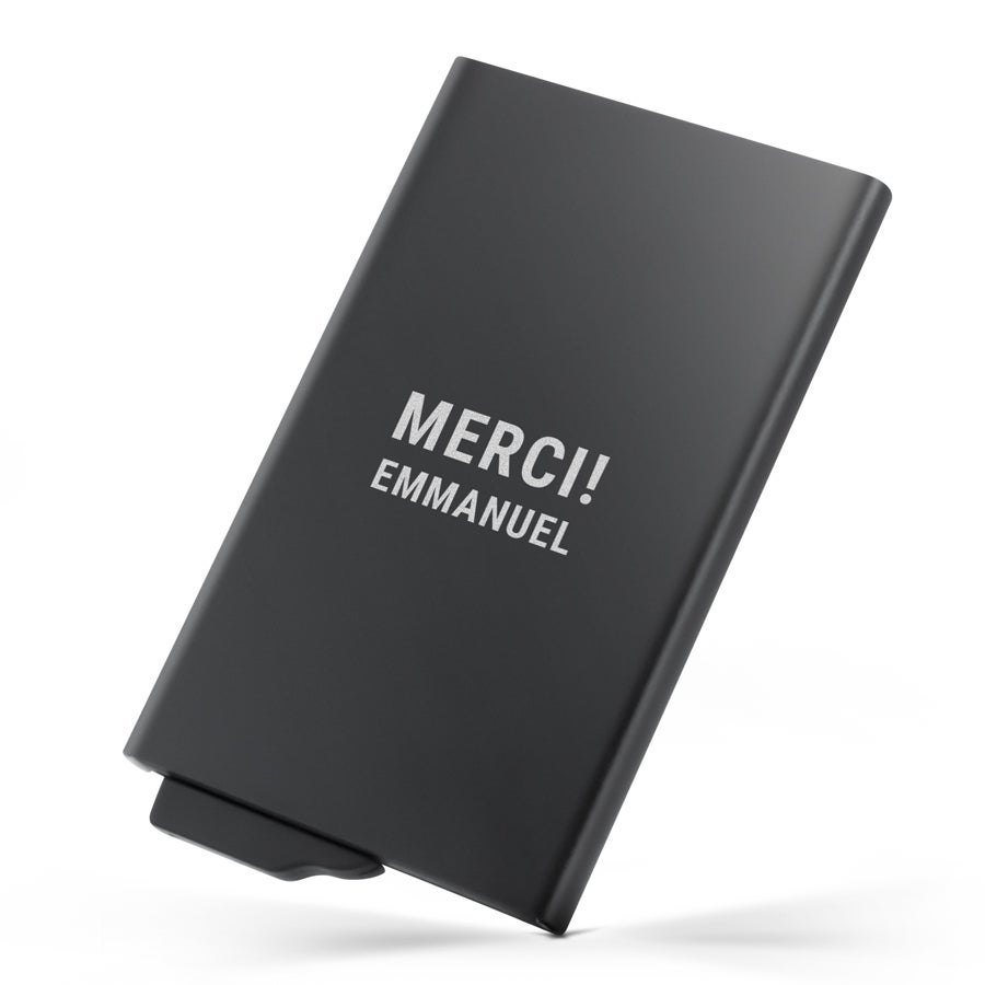 Porte-cartes magnétique noir personnalisé imprimé avec le texte MERCI Emmanuel