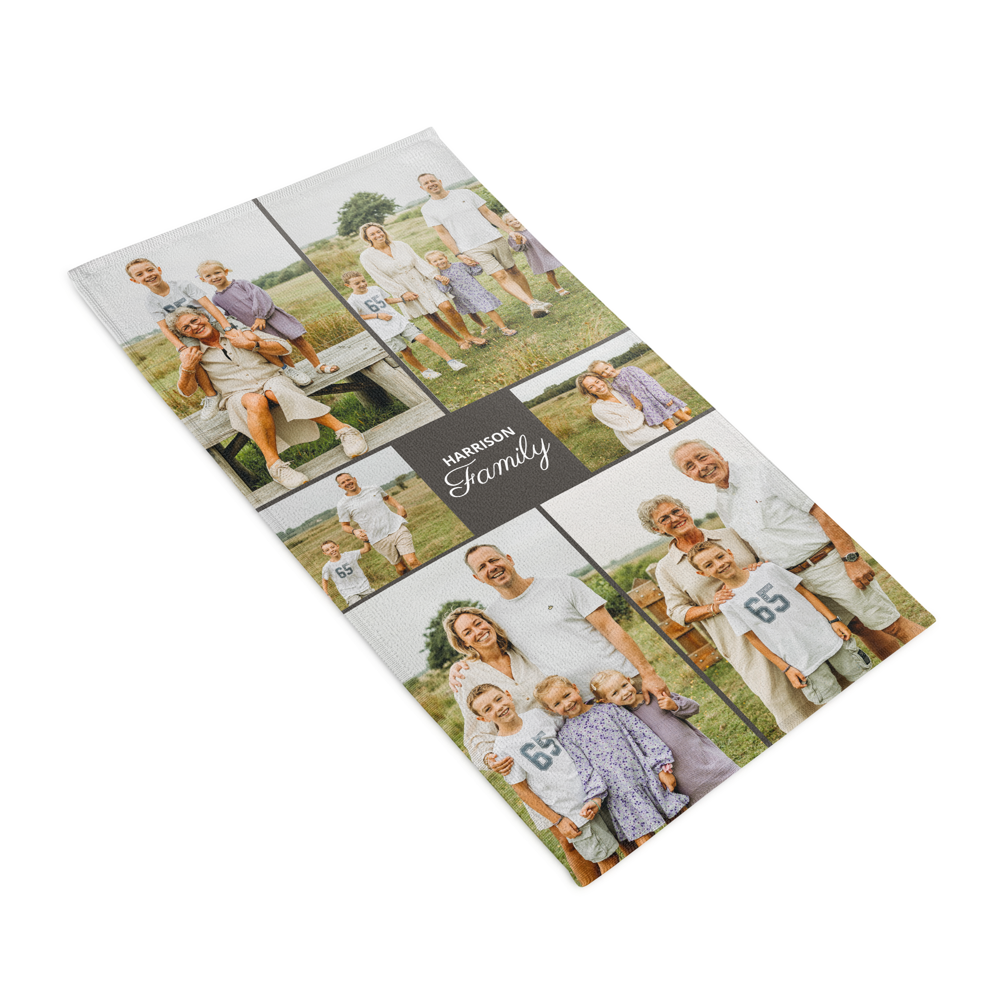 Prosop personalizat cu colaj foto de familie și textul Harrison Family imprimat pentru a surprinde-i pe cei dragi.