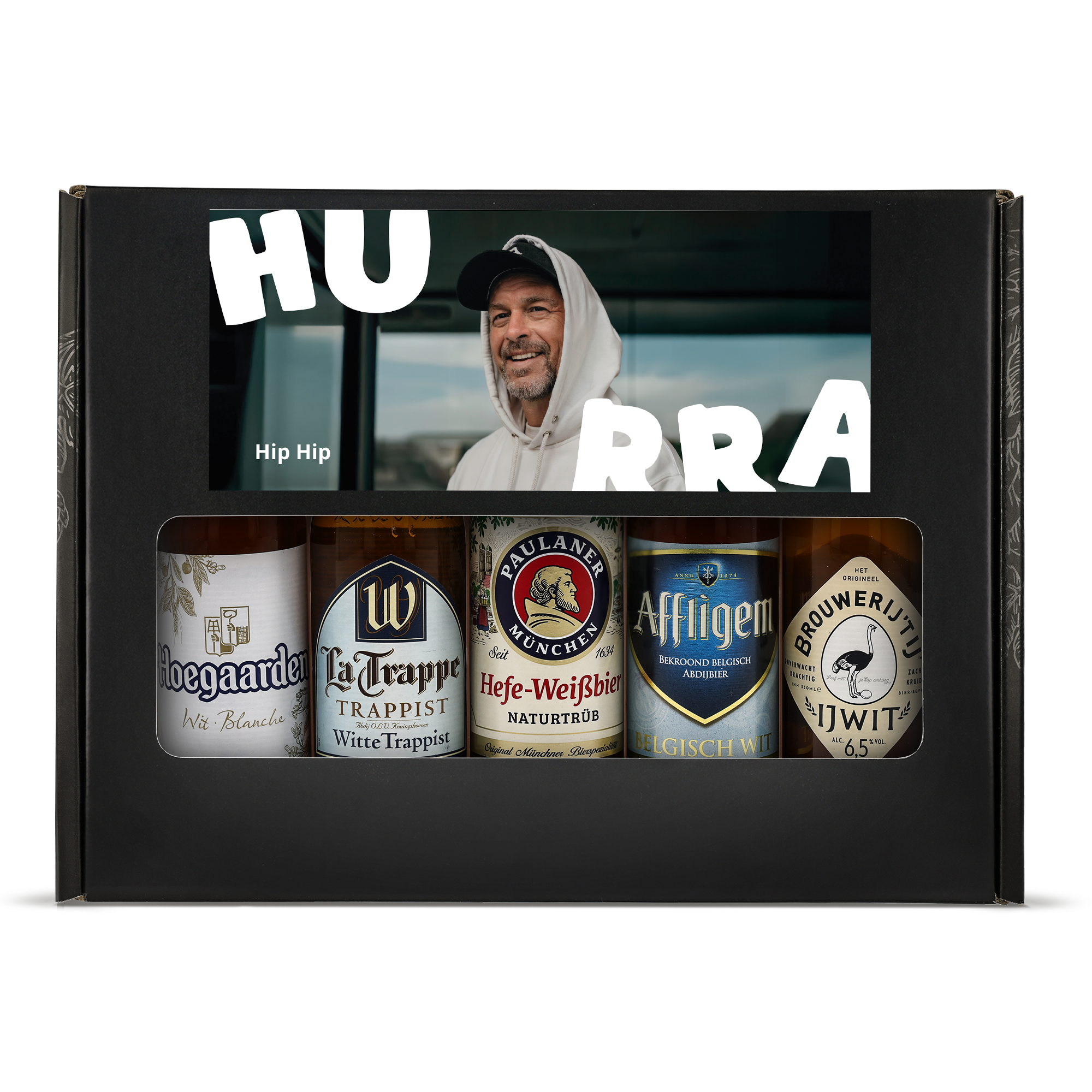 Personligt ølgavesæt - Weizen - Fars dag med foto og teksten Hip Hip Hurra tilpasset på æsken med ølflasker.